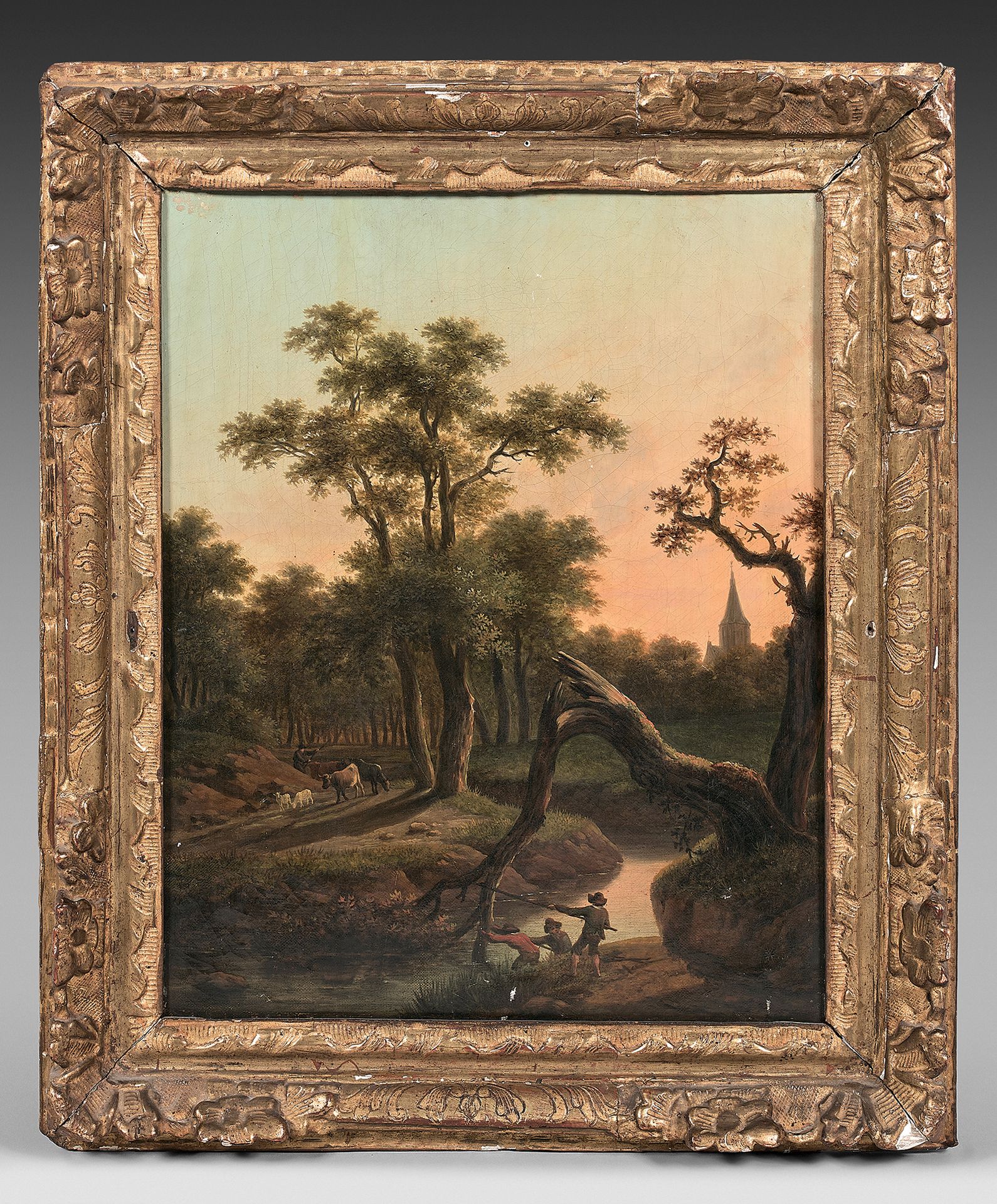 Frans SWAGERS (Utrecht 1756 - Paris 1836) 靠近河流的渔民
景观与废旧的门
一对画，在其原始画布上。
41 x 32,5&hellip;