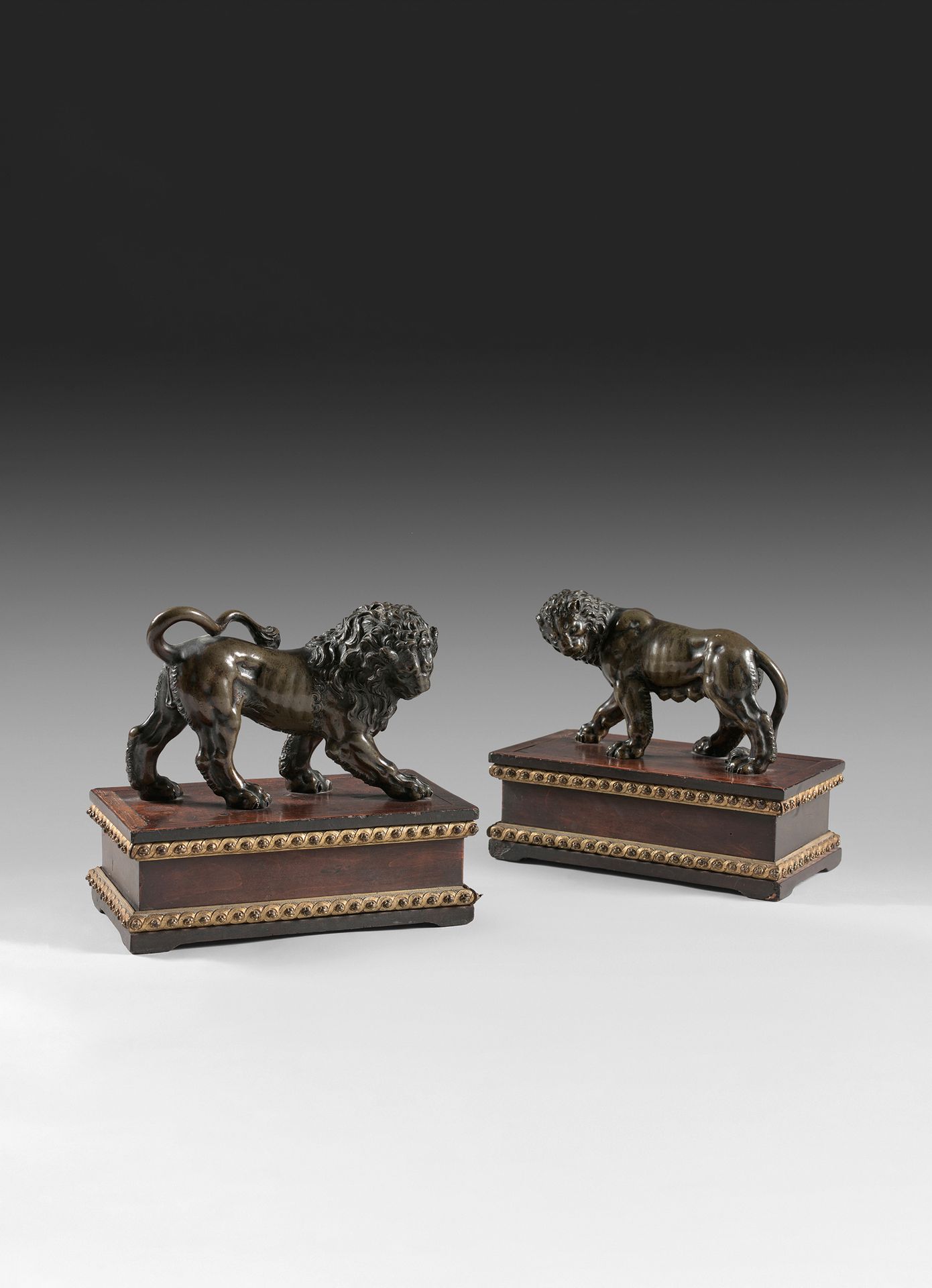Null 一对铜制的狮子和母狮，有凹槽和铜化处理。
可能是18世纪的佛兰德人作品。 
它们呈现在发黑的梨木长方形底座上，上面装饰着同一时期的铜质模子，上面有交错&hellip;