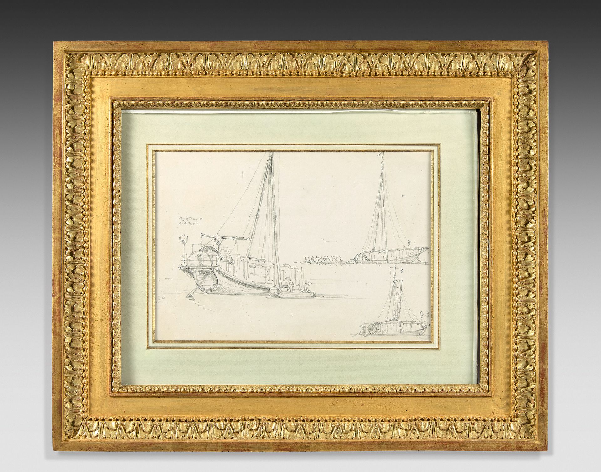 École FRANÇAISE du XIXe siècle 两艘帆船的研究
一对图画，黑色铅笔。
22.5 x 34 cm
有难以辨认的批注。