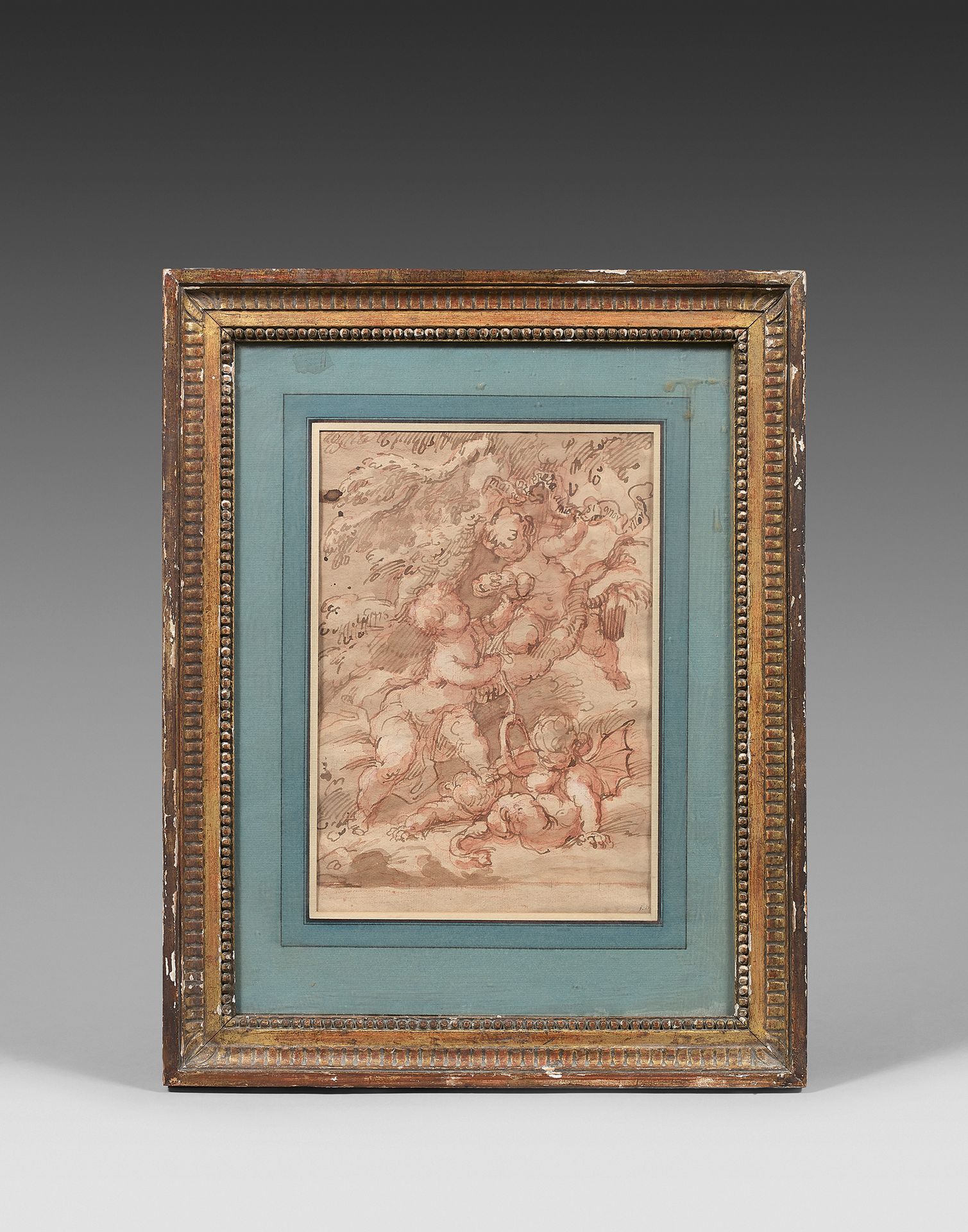 École ITALIENNE du XVIIIe siècle Putti
Aguada marrón y tiza roja
27,5 x 19 cm