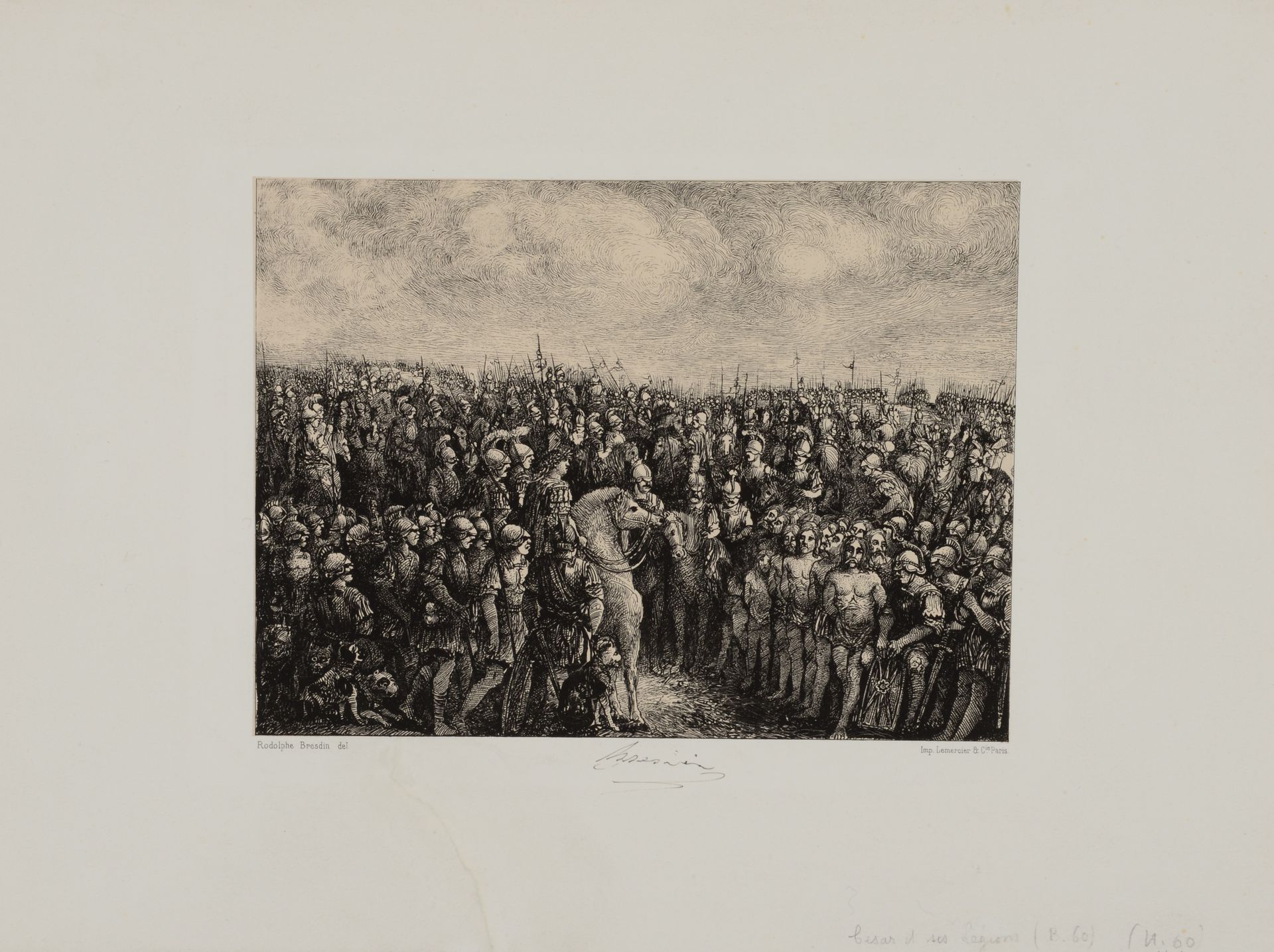 Null 罗多尔夫-布莱斯丁（1822-1885）《凯撒和他的囚犯》。1878.乳白色瓷器纸上的石版画，涂在牛皮纸上。非常好的证明，在中心下方有墨水签名。下部边&hellip;