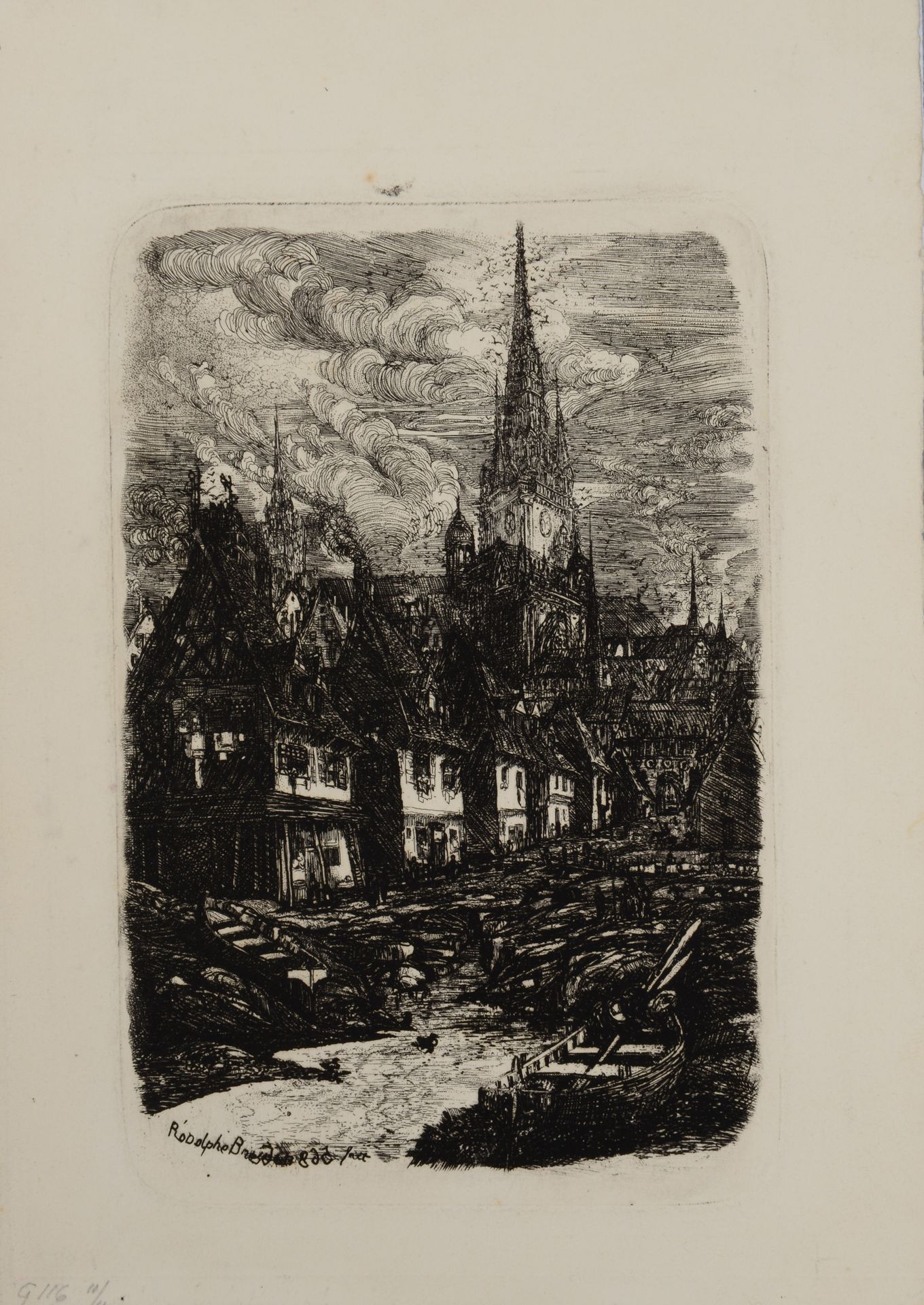 Null Rodolphe BRESDIN (1822 1885) 带有尖顶钟楼的渔港。大约在1865年。梭织纸上的蚀刻画，第二状态的证明，轻微的污渍。边缘小。&hellip;