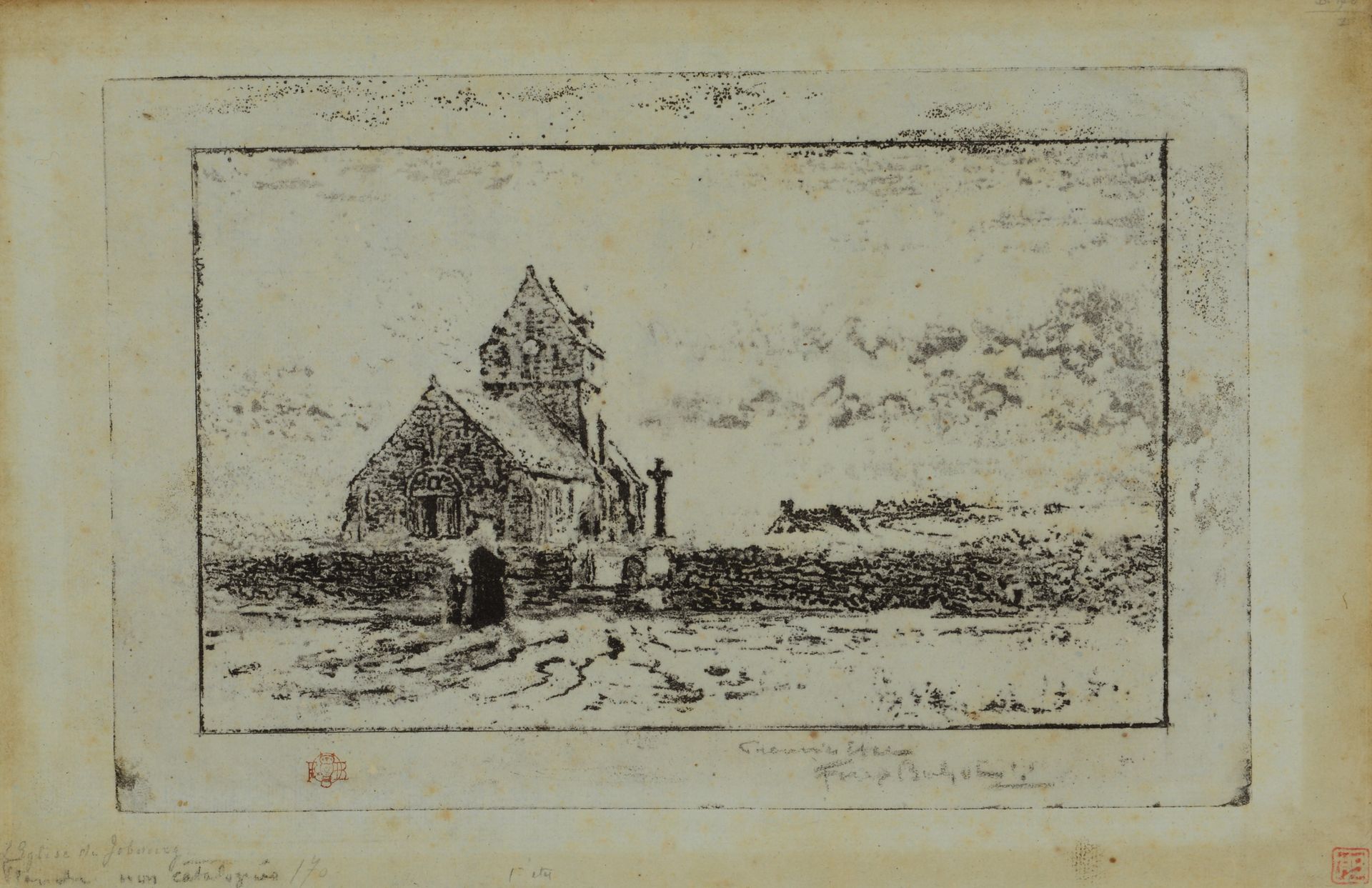Null Félix BUHOT (1847 - 1898) The Church of Jobourg. 1887.蚀刻在旧的绿色平纹纸上，有签名和注解 "P&hellip;