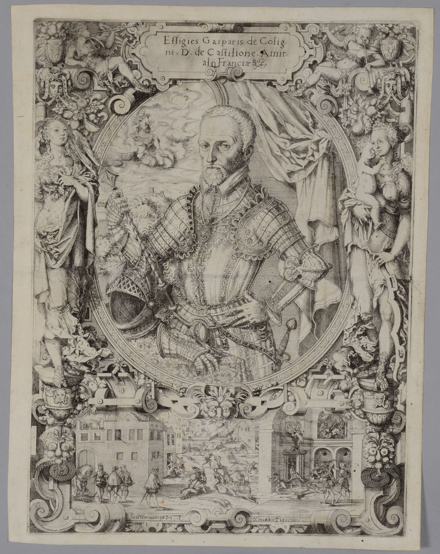 Null 约斯特-阿曼（1539-1591） 加斯帕德-德-卡里尼，法国海军上将。蚀刻画，非常精美的有点晚的版本的证明，非常精细的衬里。横向中线折叠的痕迹，捏褶&hellip;