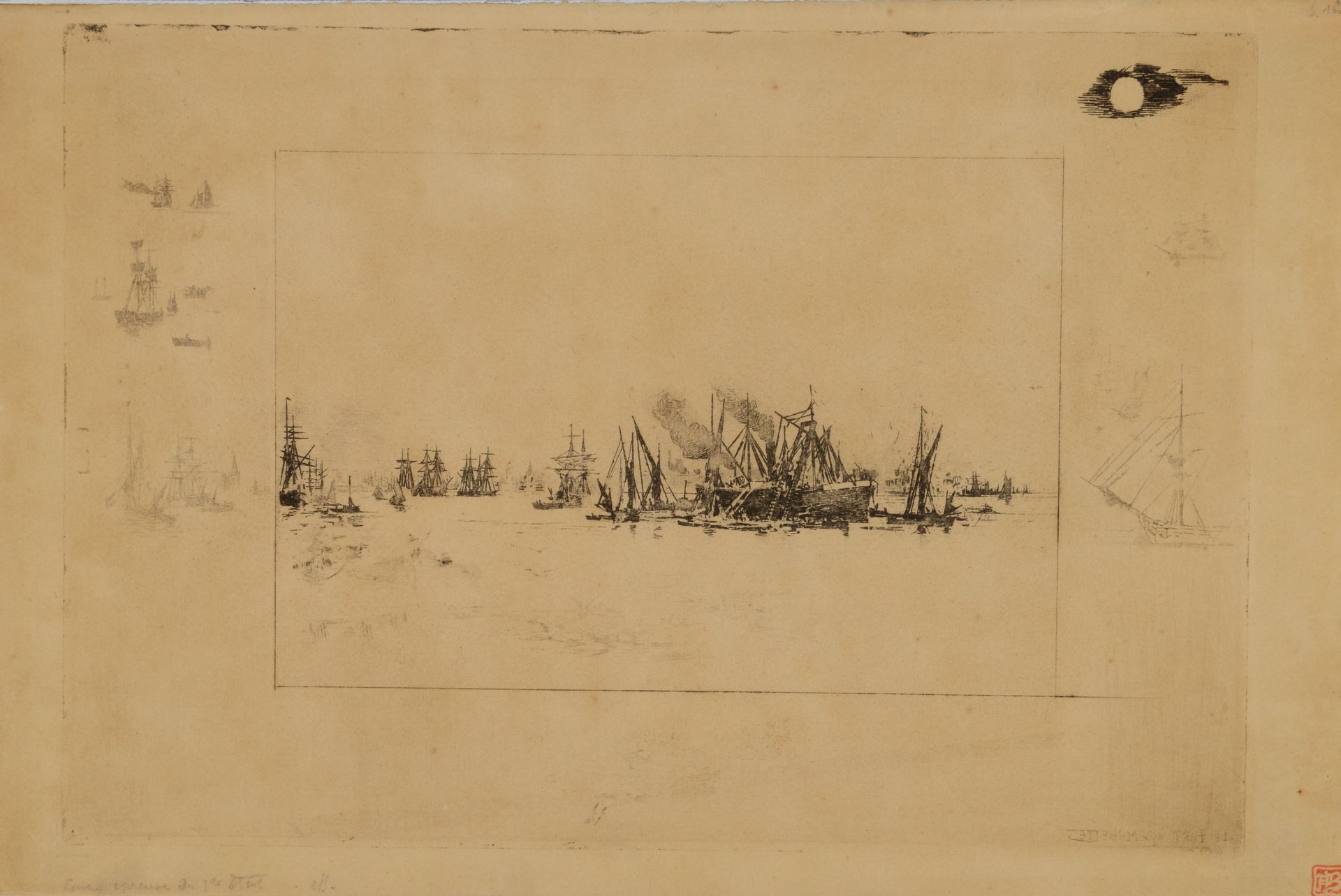 Null 费利克斯-布霍特（1847-1898）《有海鸥的港口》。1887.蚀刻画，第一状态的证明，印在水波纹纸上，有微小的污点，右下方有前A.Barrier收&hellip;