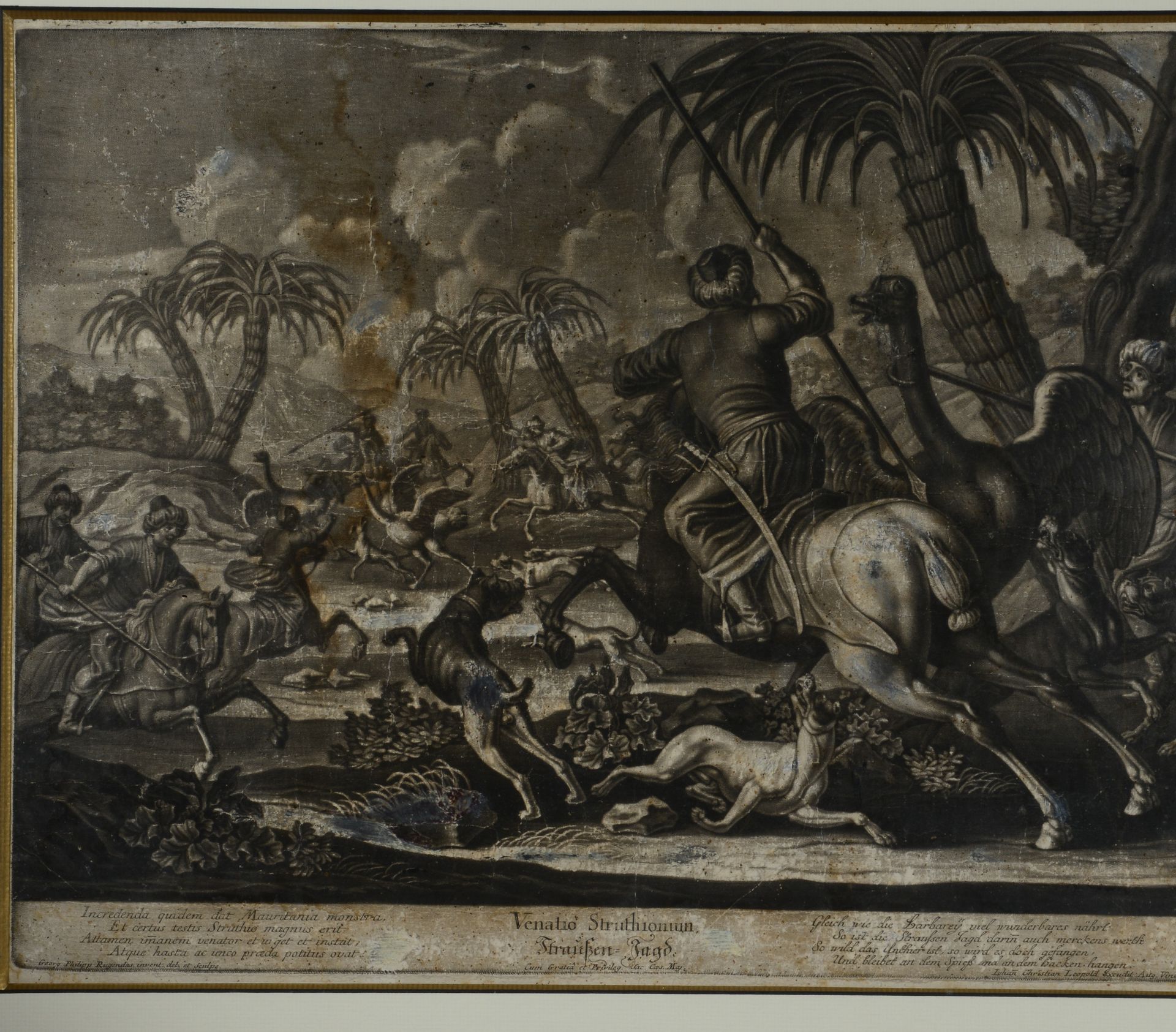 Null 乔治-菲利普-鲁根达斯（1666-1742）--打猎场景。- Mezzotinto，是一种精细的印刷品，有点蚀、断裂、污渍、划痕、去除和小的表面缺口。&hellip;