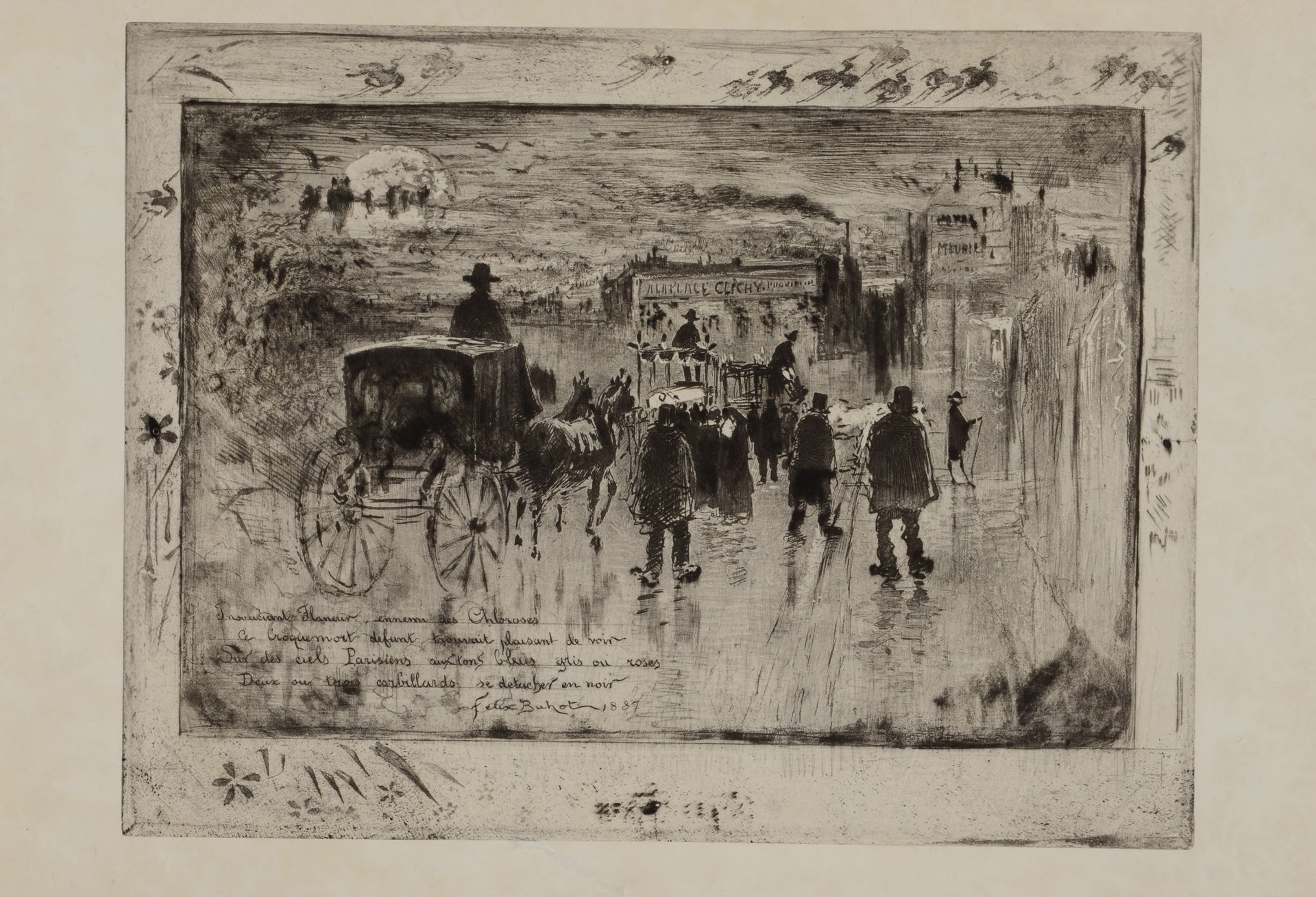 Null Félix BUHOT (1847-1898) 克利希大道上的葬礼车队，1887年。牛皮纸上的蚀刻、干点以及素描和诗句，轮盘赌作品。下部和右侧空白处有&hellip;