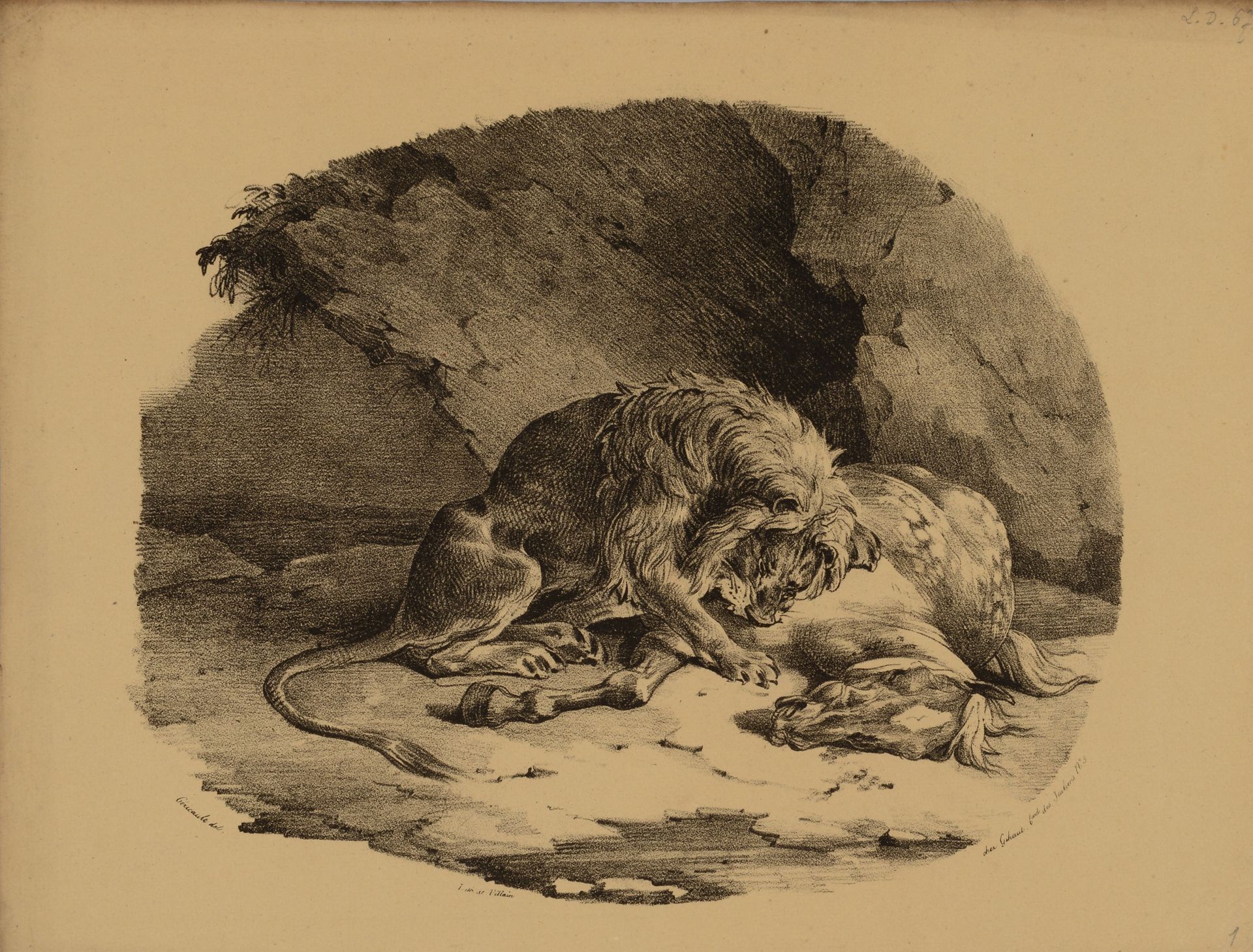 Null Théodore GERICAULT (1791- 1824) 马被狮子吞噬。1823.牛皮纸上的石版画，有艺术家、维兰和吉豪特的名字。边缘有点发黄，&hellip;