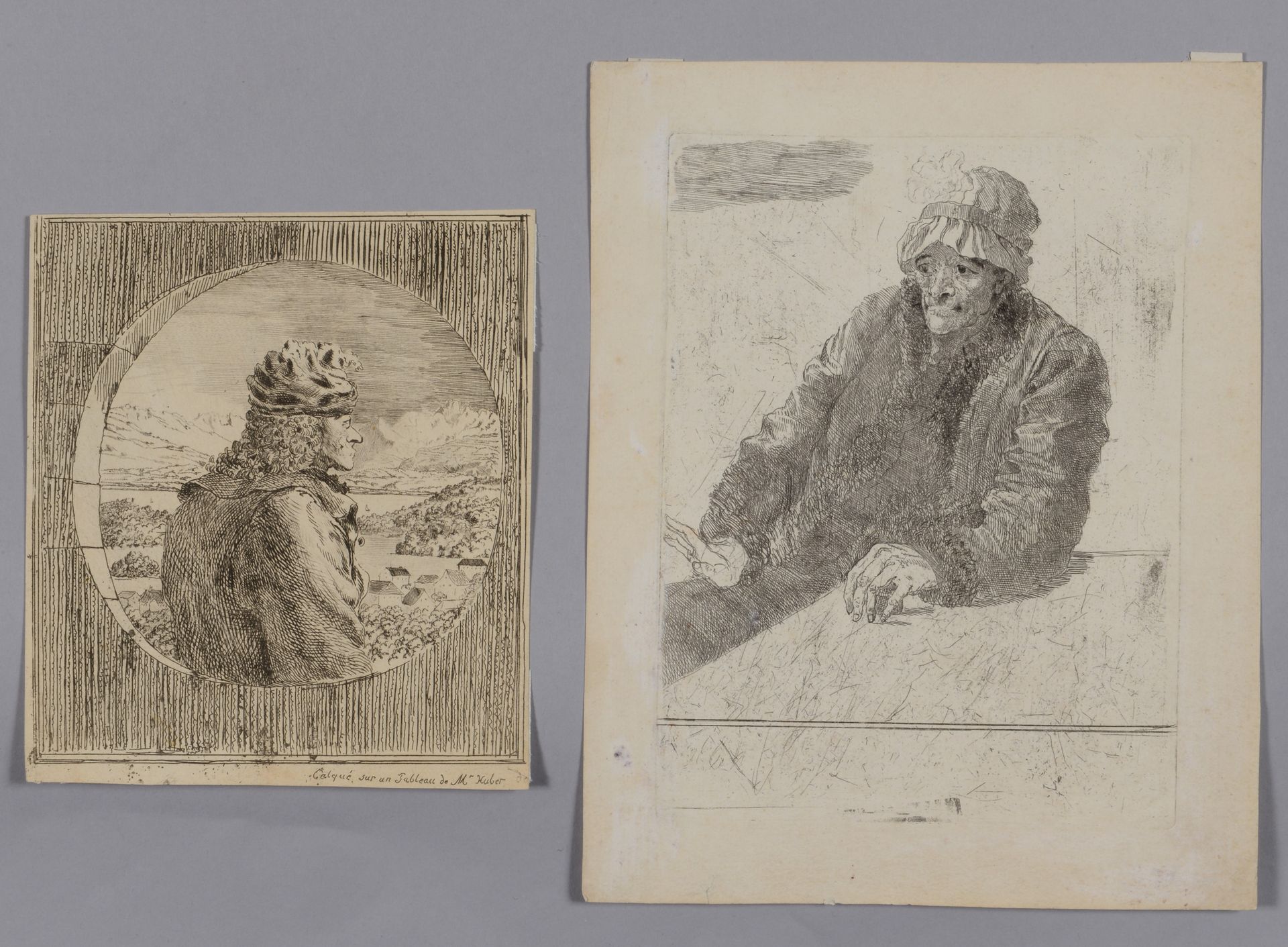 Null Jean HUBER (1721 1786)在《伏尔泰肖像》后创作 伏尔泰坐着写作。蚀刻版，非常好的样张，有褐色斑点和一些折叠的痕迹。无边框或小边框。&hellip;