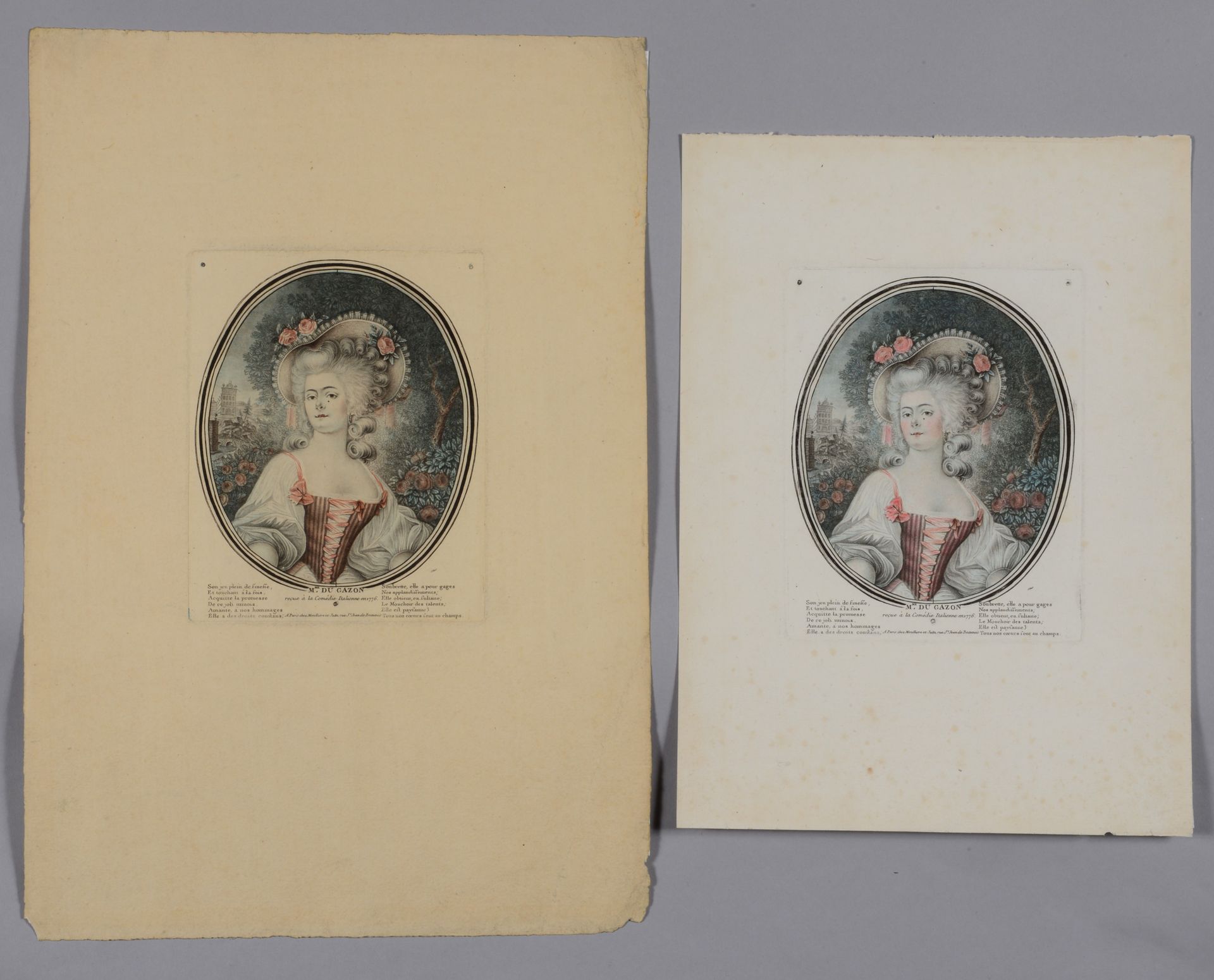 Null 弗朗索瓦-库泰利埃(Francois COUTELLIER) 杜加松夫人，1776年在意大利喜剧院获得。 彩色印刷的雕版画，两张带有登记孔的漂亮样张，&hellip;