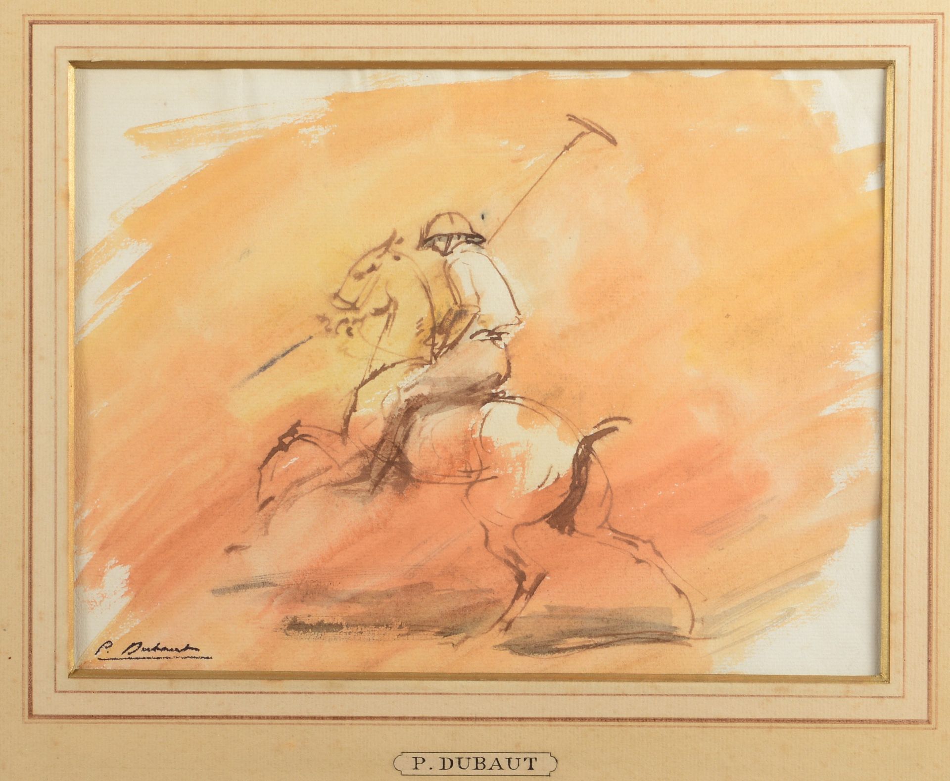 Null Pierre DUBAUT (1886-1968) 马球运动员。水墨和水彩画在纸上。左下角盖有签名，已装裱。尺寸：19,5 x 26 cm