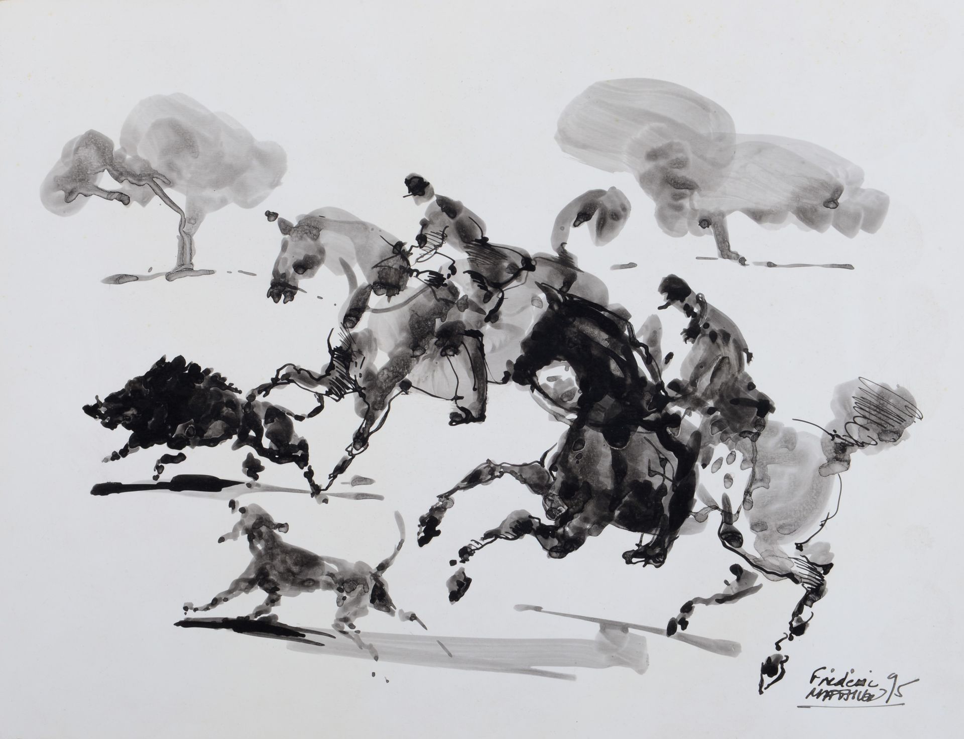 Null Frédéric MATHIEU. Wild boar hunting and Wild boar fight. India ink on paper&hellip;