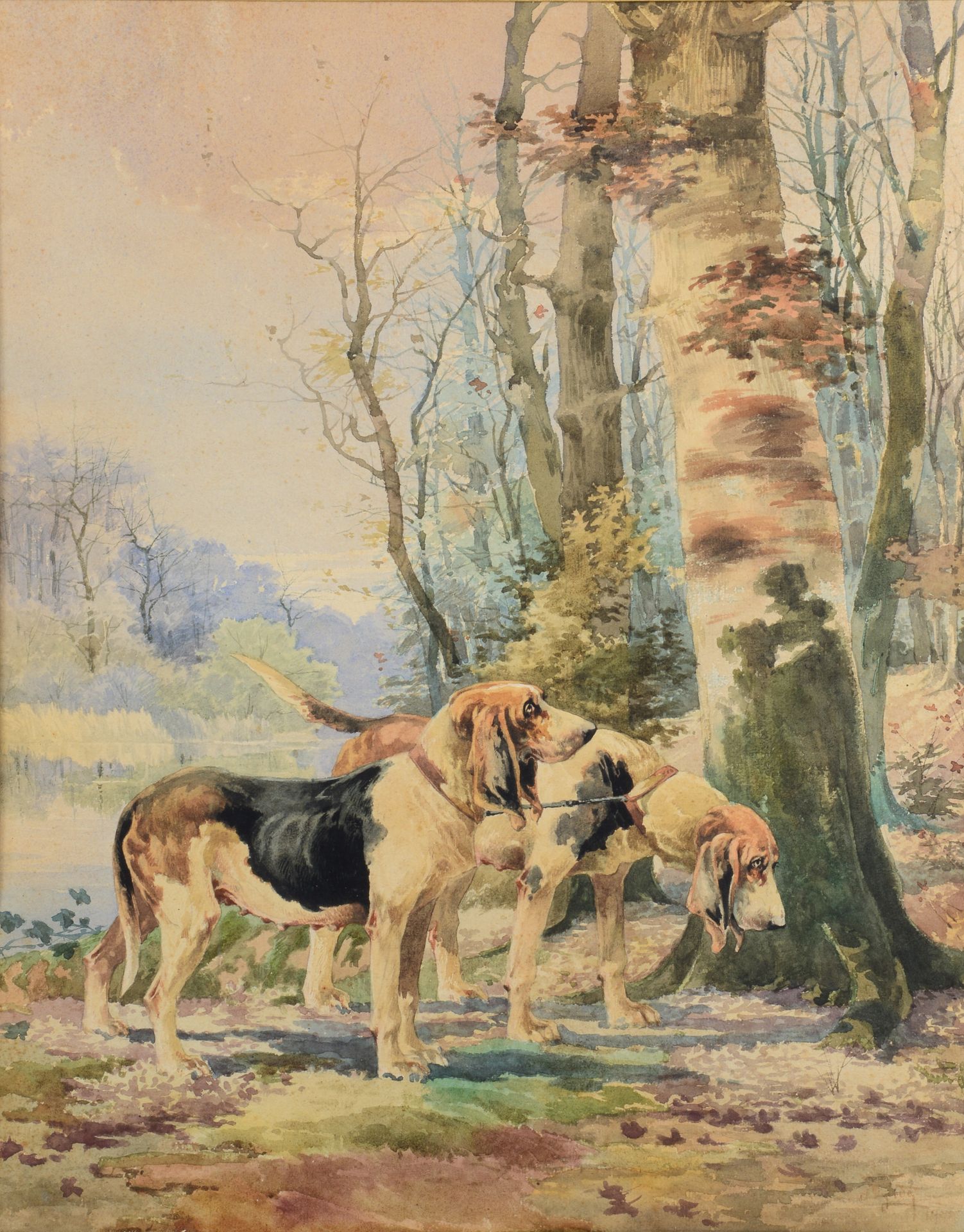 Null 约1900年的法国学校。两只狗在接力。纸上水彩画，带框，右下角有签名痕迹。尺寸：53x42厘米