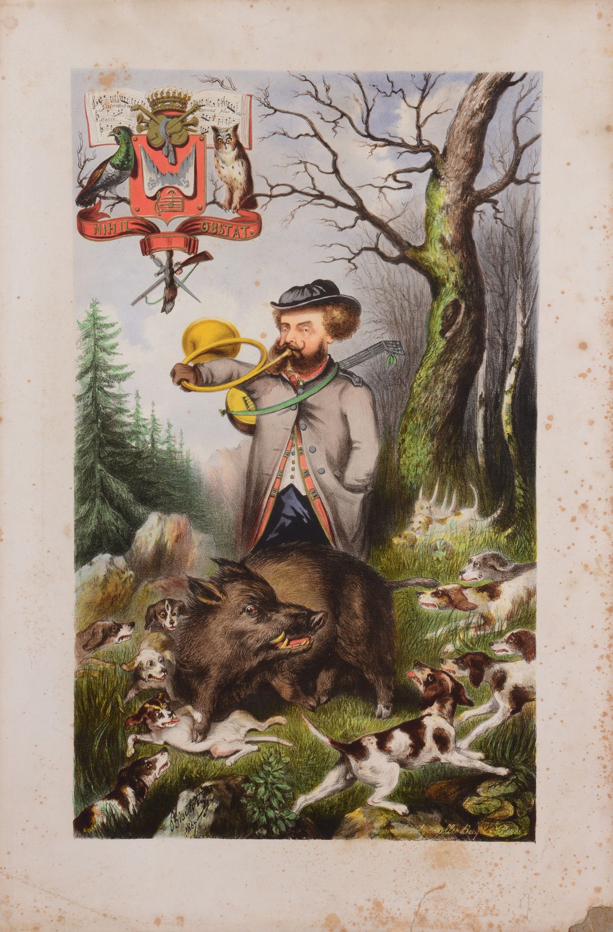 Null BISETZKY.非常罕见的一套7个时期的传真，包括12个肖像收费，其中大部分是狩猎或运动场景的动画，伴随着真实或假定的盾牌。巴黎，G. Kugelm&hellip;