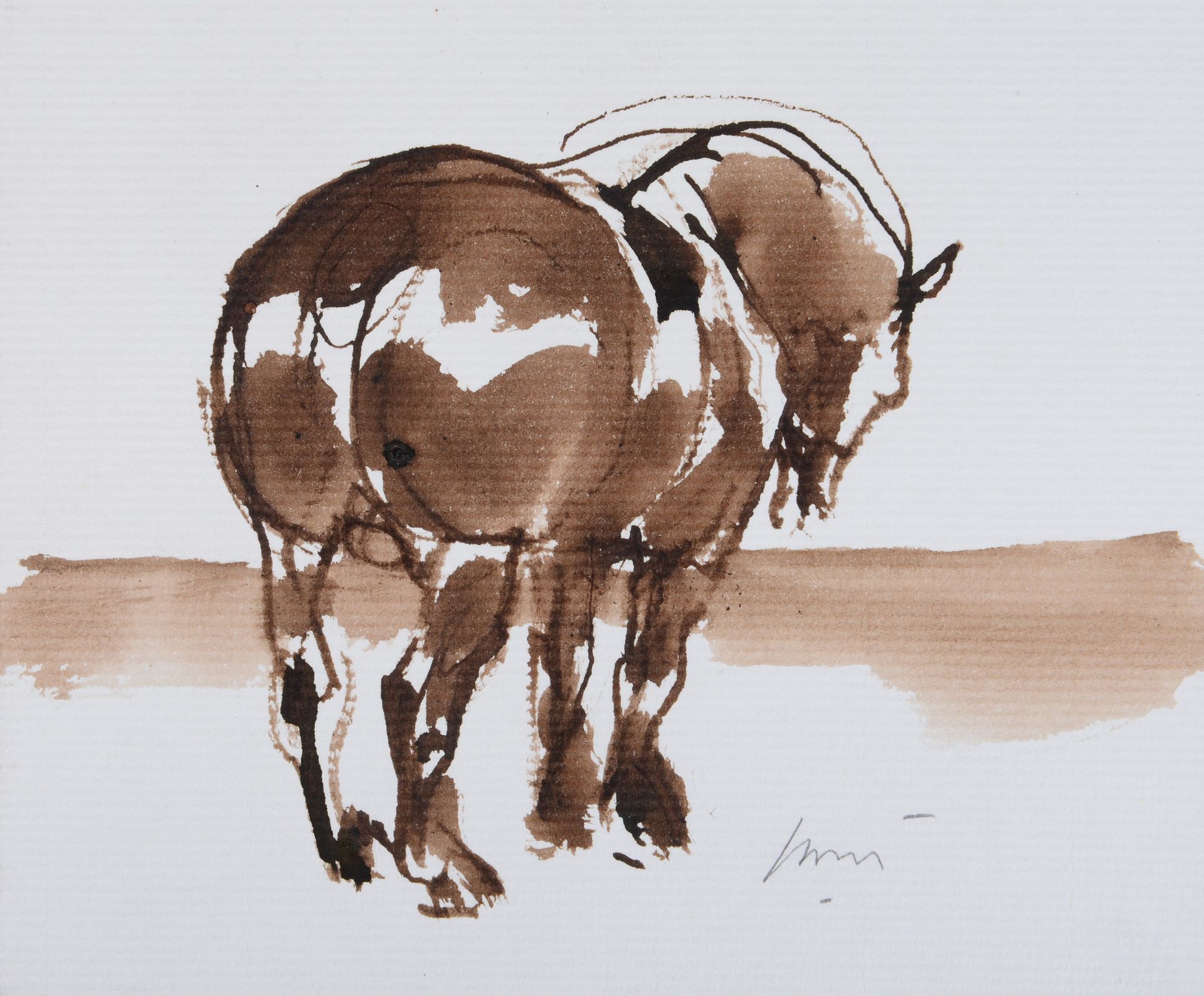 Null Jean-Louis SAUVAT. Cheval de trait de dos. Lavis d’encre sur papier signé e&hellip;