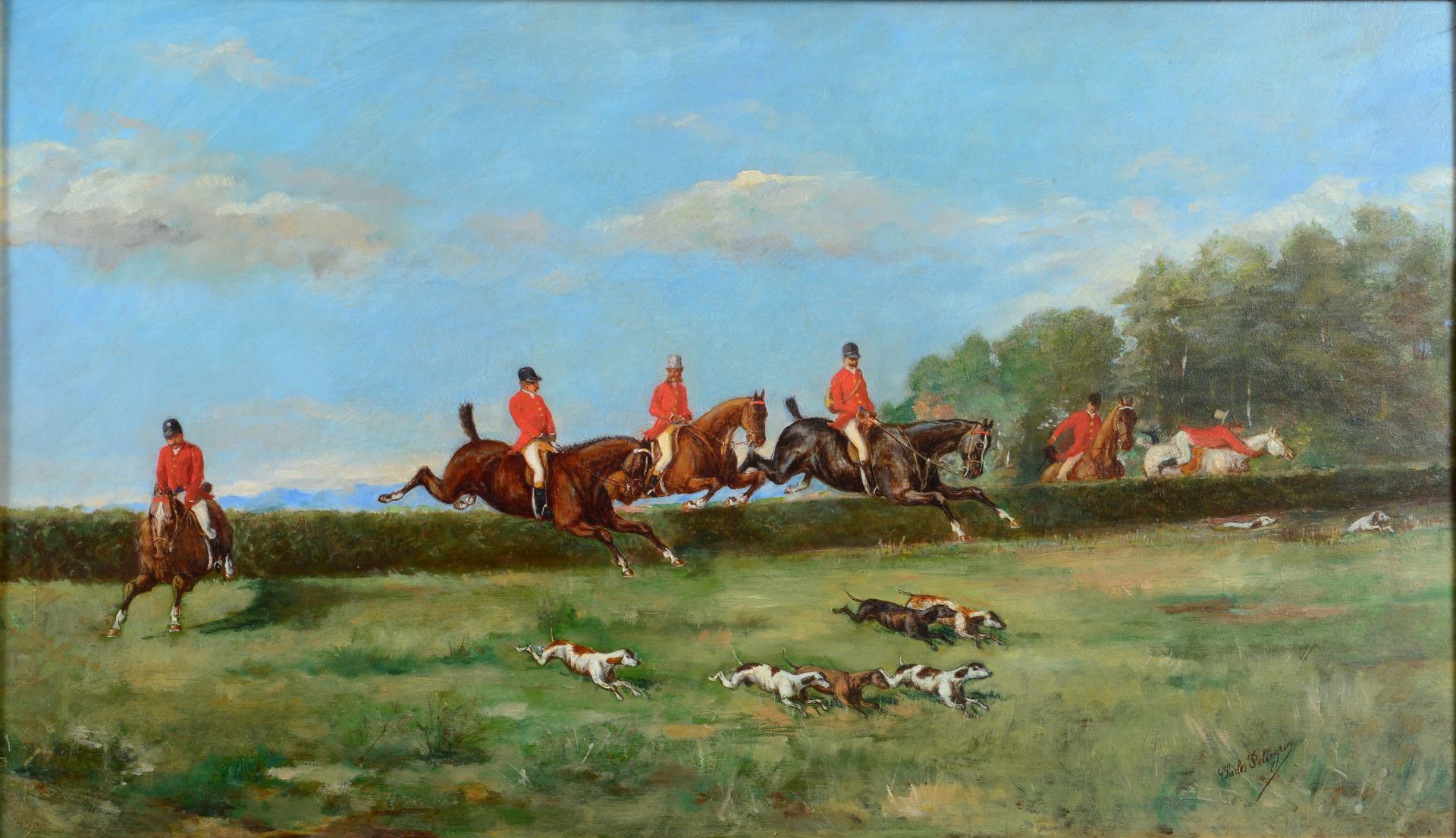 Null 查尔斯-佩勒格林。狩猎场景。板面油画，右下角有签名，带框。尺寸：34 x 58 cm
