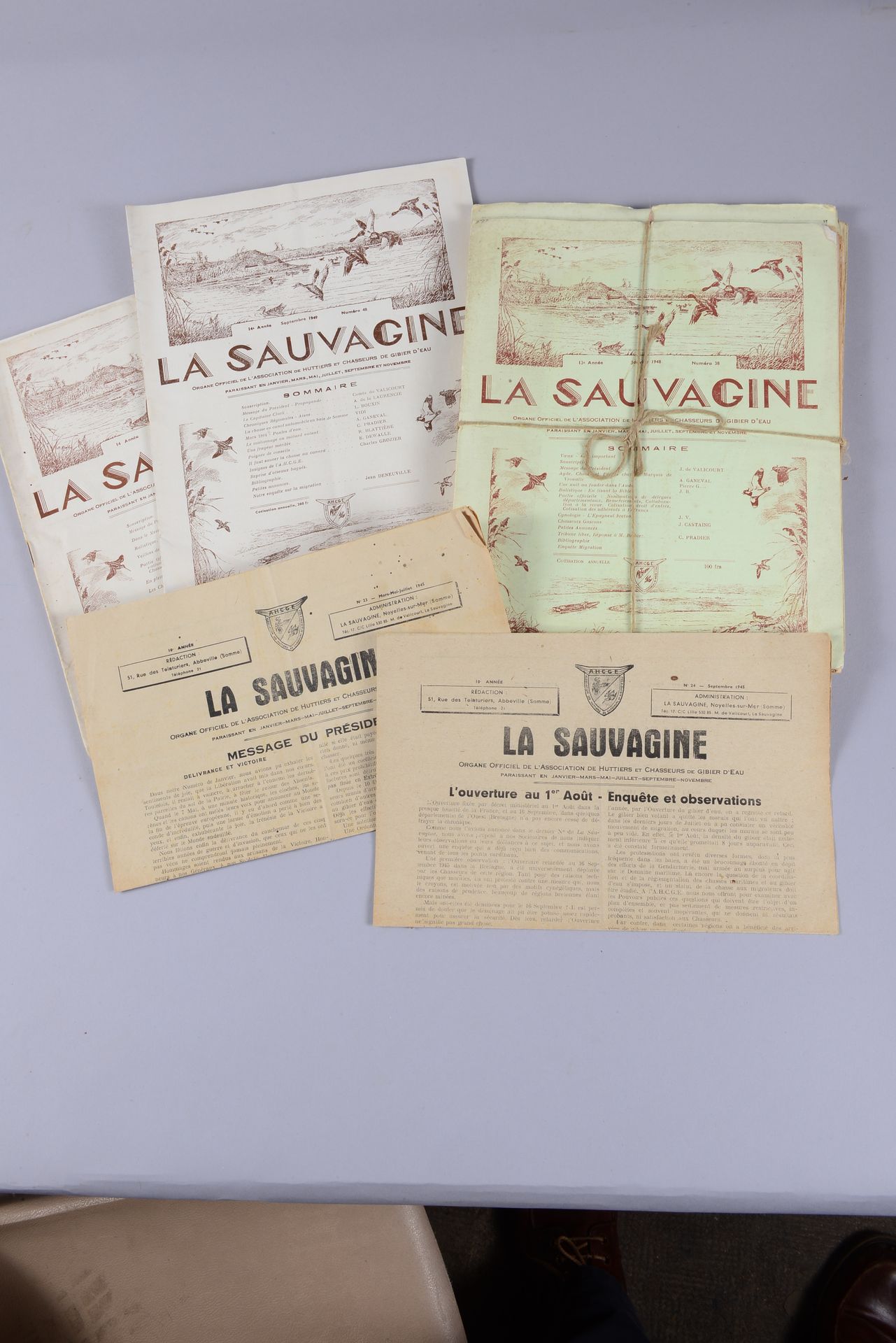 Null La Sauvagine一套24本杂志，包括1946年、1948年和1949年的杂志，并附有1945年的两张传单。