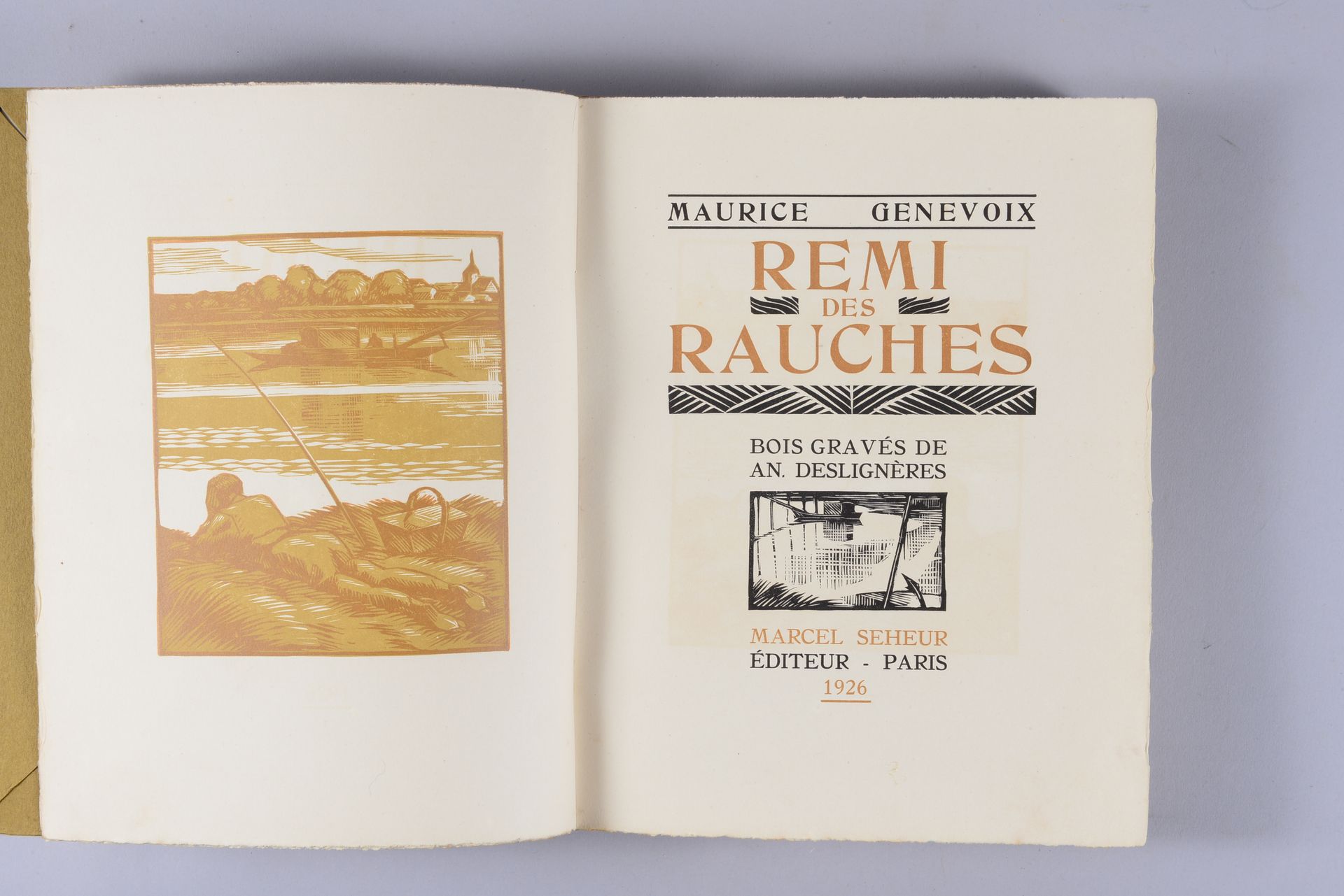 Null 莫里斯-吉尼沃伊。Rémi des Rauches.巴黎，1926年。平装书，填充式封面。在安德烈-德斯里内尔之后的双色调木刻版画。版本为445册。在&hellip;