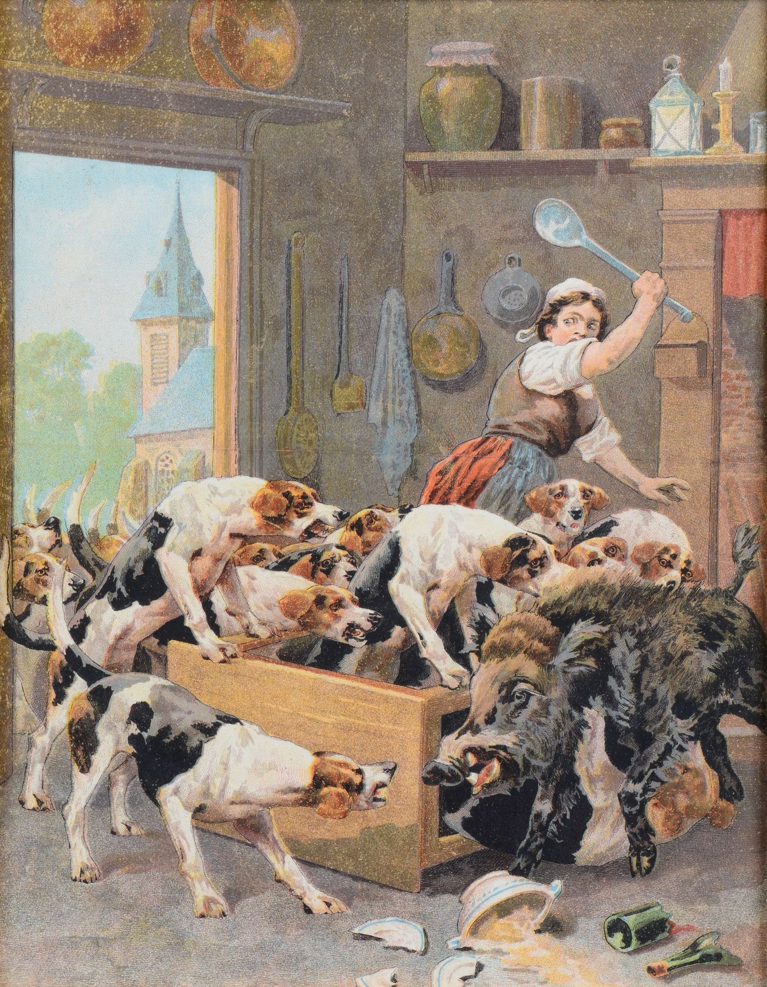 Null 查尔斯-费尔南-德-康达米。长老院里的野猪。有框架的彩色复制品。19世纪末。尺寸：31 x 24,5 cm