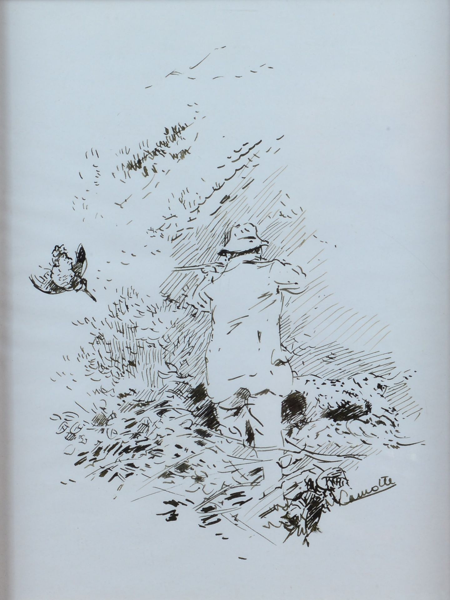 Null Gabriel Chefson dit LAMOTTE (1920-2005) 拍摄木鸟。纸上黑墨画，右下角有签名，有框架。尺寸：26 x 20厘米