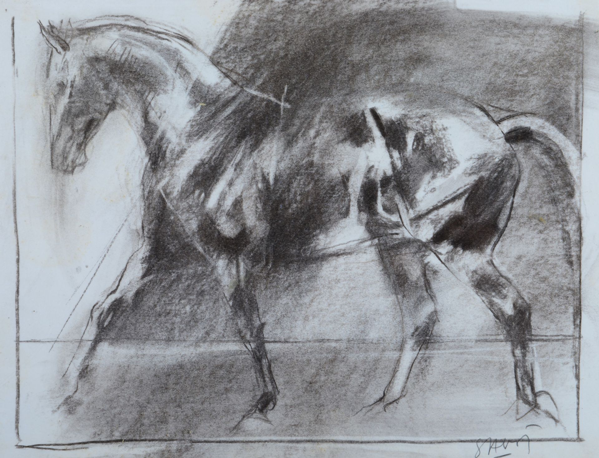 Null Jean-Louis SAUVAT. Two studies of horses. Black stone and charcoal signed i&hellip;