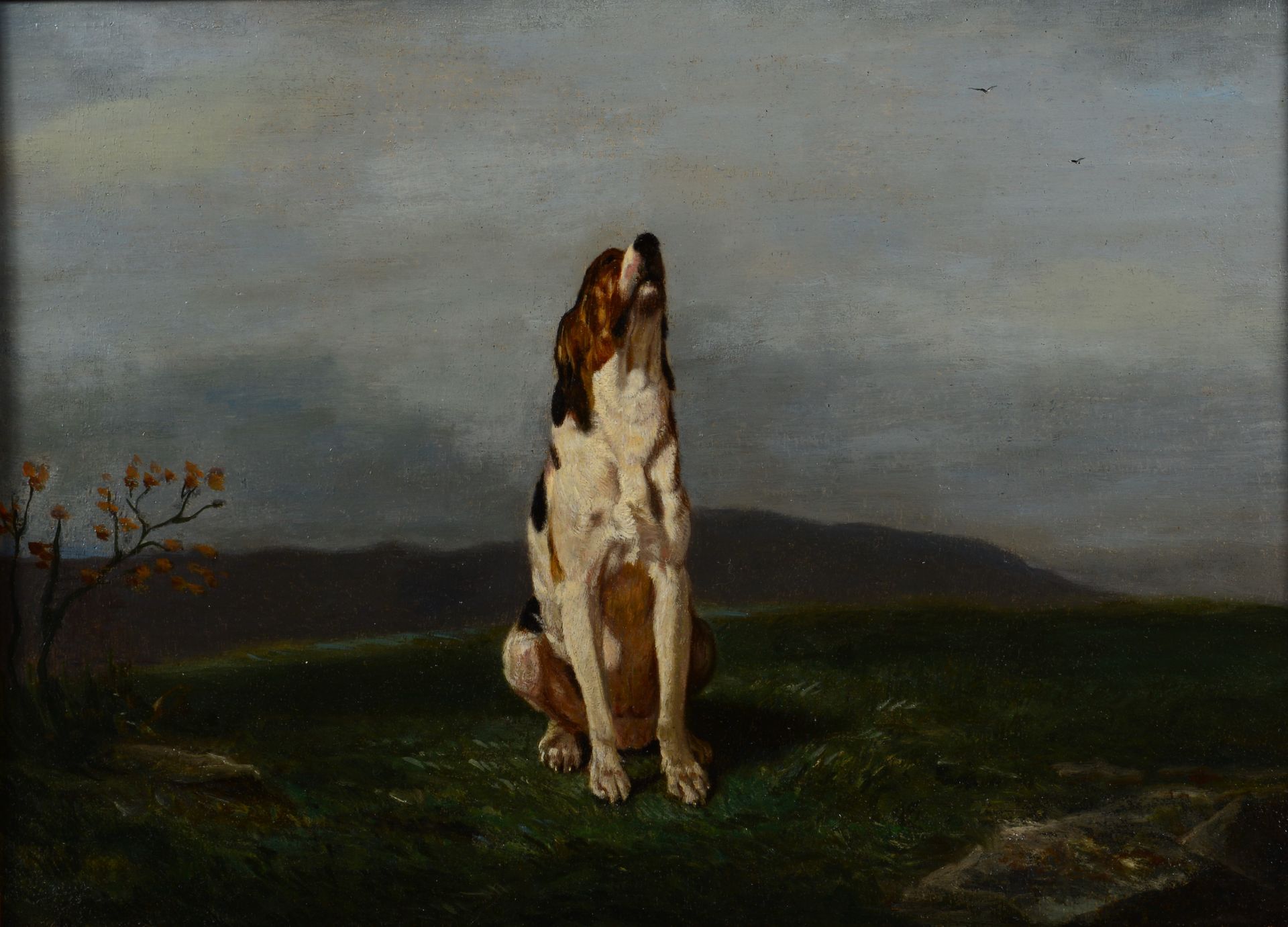 Null Philippe ROUSSEAU (1816 - 1887) Dog howling at the lost. Oil on panel signe&hellip;