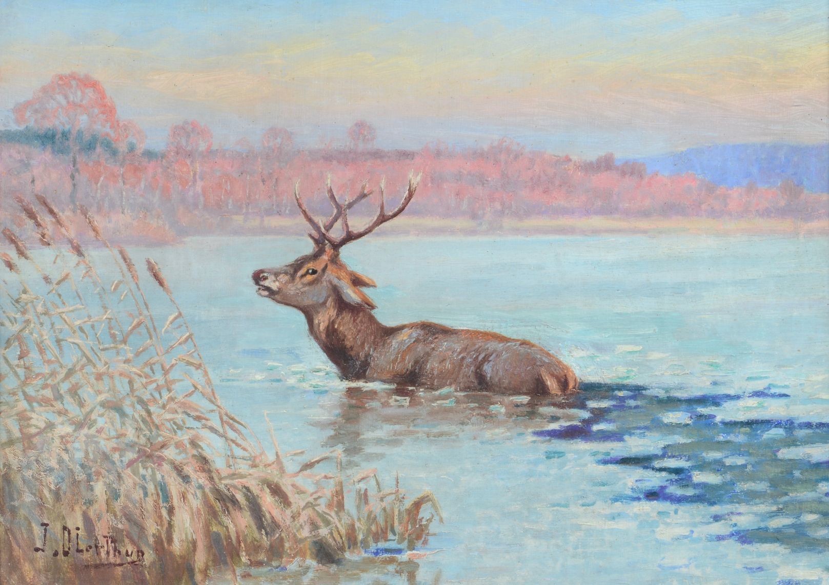 Null Dr. Joseph OBERTHUR (1872-1956) Hirsch im Teich. Öl auf Leinwand, unten lin&hellip;