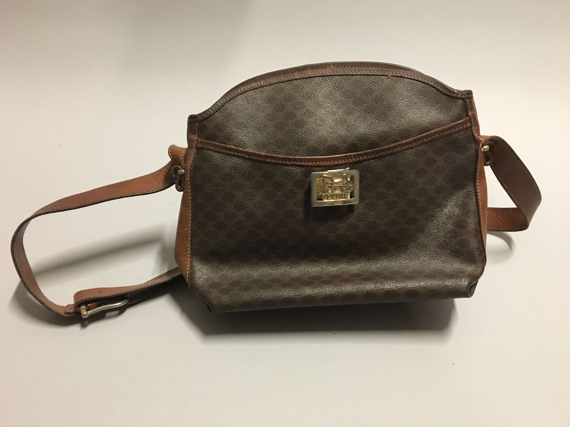 CELINE: Brown canvas and leather satchel bag, shoulder s…