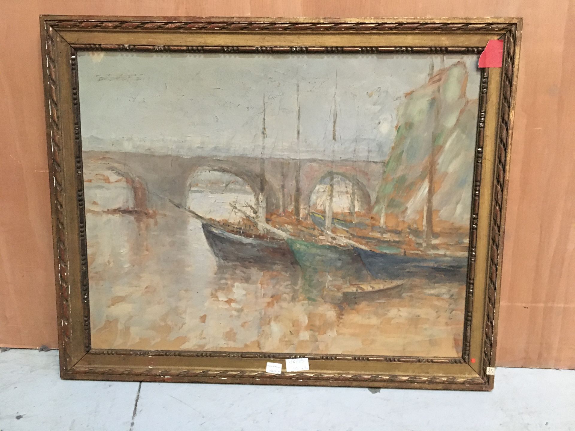 Null Ecole vers 1900, Vue de port et Pont et bateaux, 2 huile sur carton, 49 x 6&hellip;