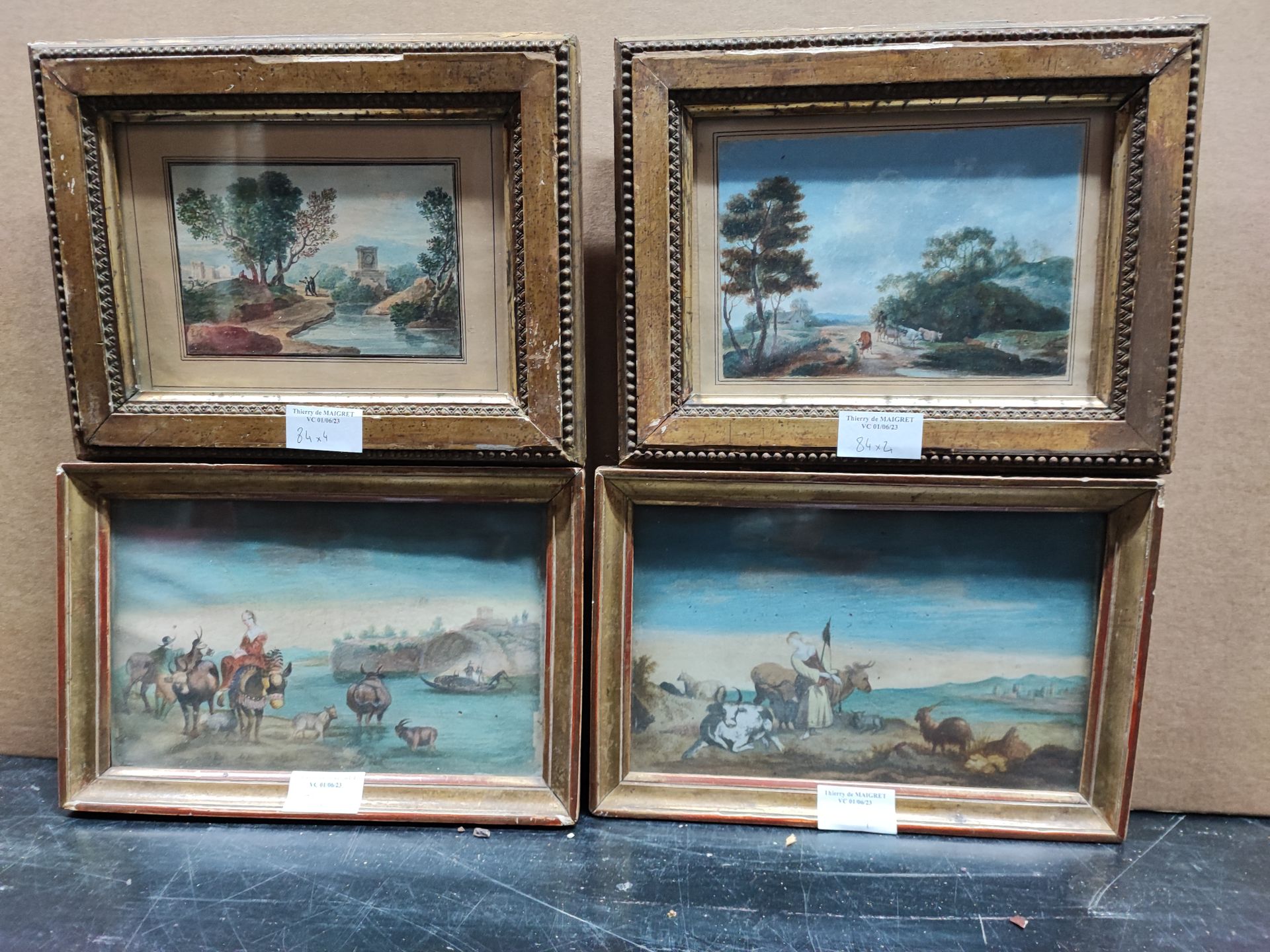 Null Ecole vers 1800, Paysages animés, paires de gouaches et aquarelles (15 x 22&hellip;