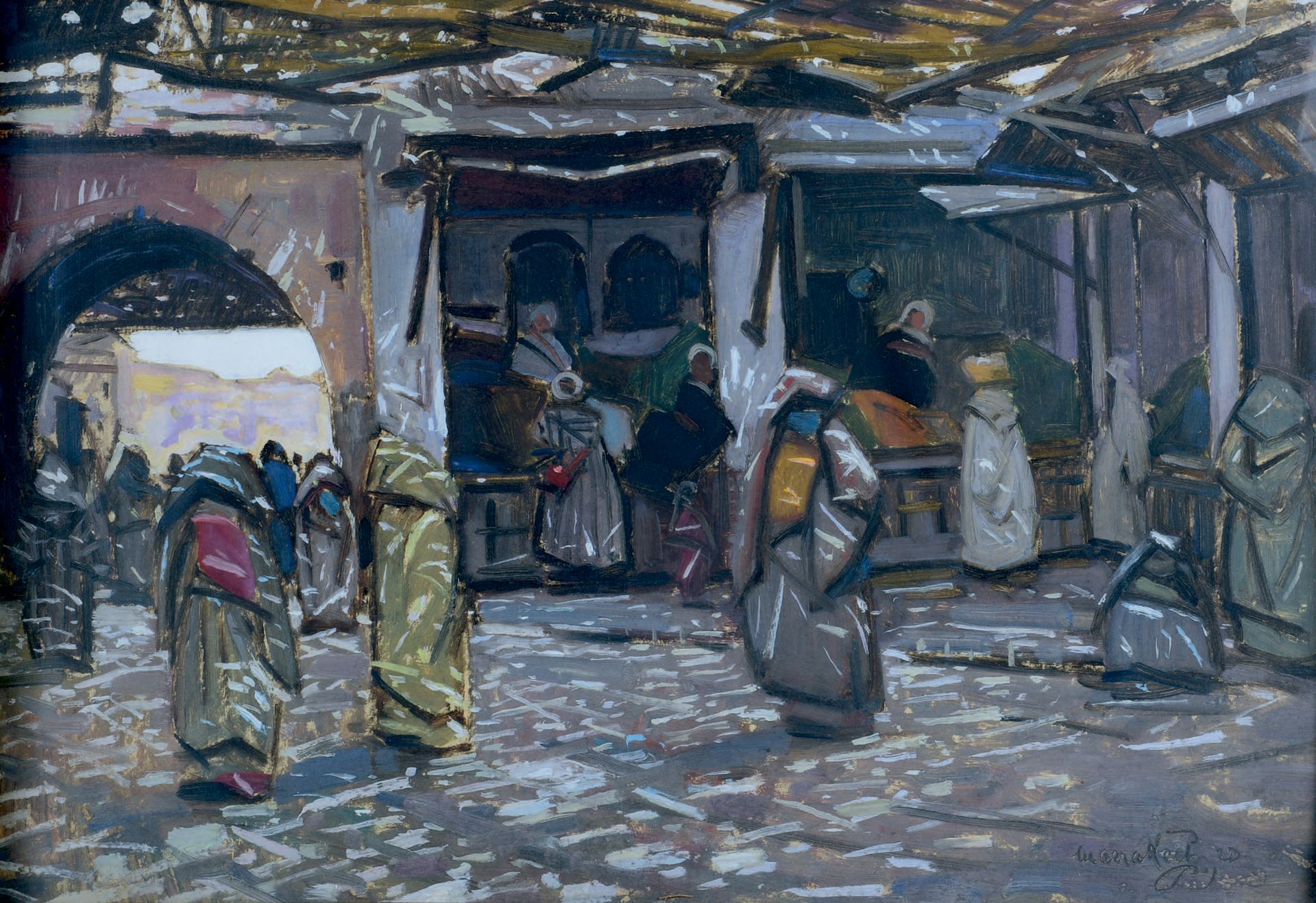 Jacques MAJORELLE (1886-1962) 马拉喀什露天市场的十字路口，1920年
木板上的油画，有图案，日期为20，位于右下方，背面有标题和编&hellip;