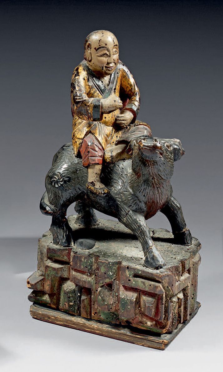 VIETNAM, XIXe siècle Figura su bufalo
Legno intagliato in policromia.
Altezza: 3&hellip;