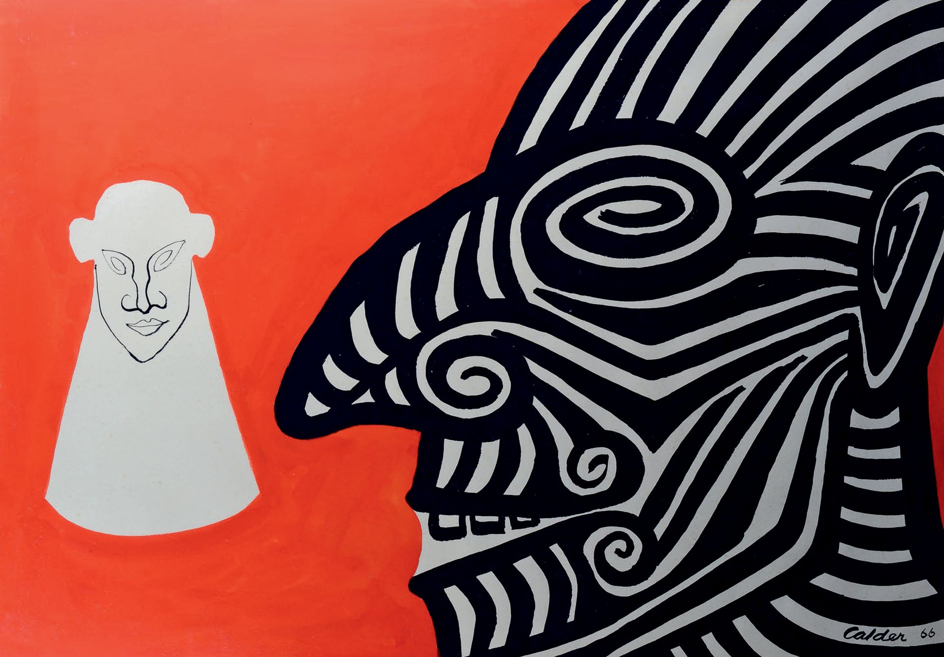 Alexandre CALDER (1898-1976) 有面具的构图，1966年
水墨和水粉画，右下角有签名和日期66。
(点蚀)。
75 x 108 cm