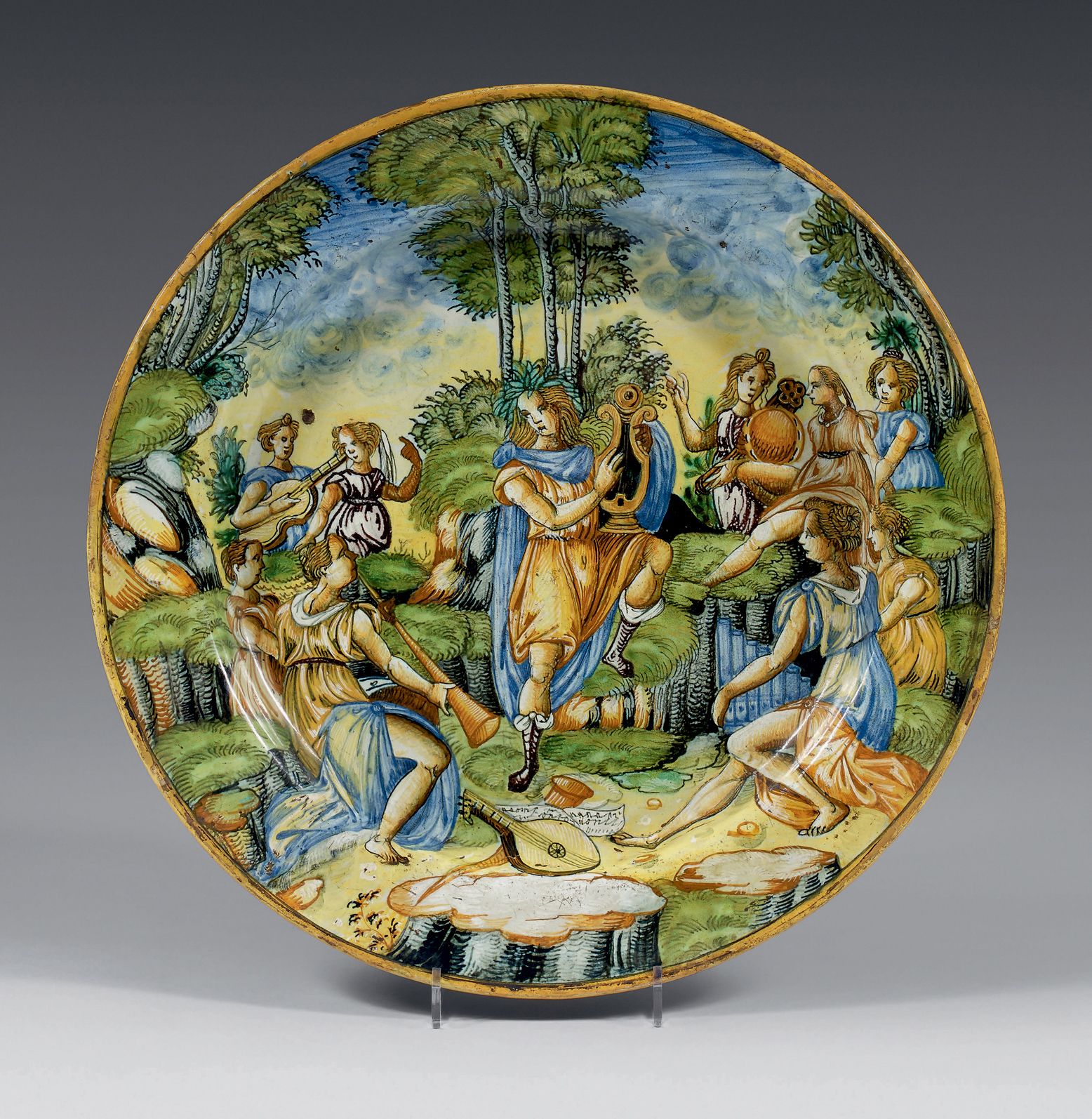 Null 里昂或NEVERS里昂陶器盘，16世纪末至17世纪初。
17世纪。存货编号为红色的AR 6067。纯粹的蓝色、绿色、赭石和锰的装饰，描绘了
阿波罗在弹&hellip;