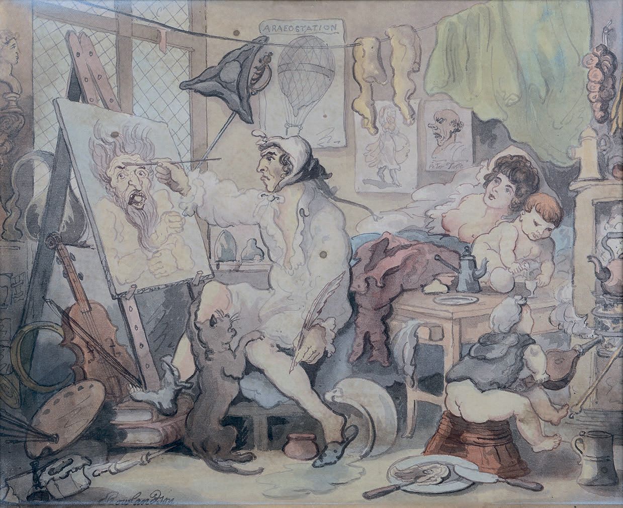 Thomas ROWLANDSON (Londres 1756-1827) 画家的工作室里，漫画
钢笔和棕色墨水，水彩画。
25.5 x 31.5厘米