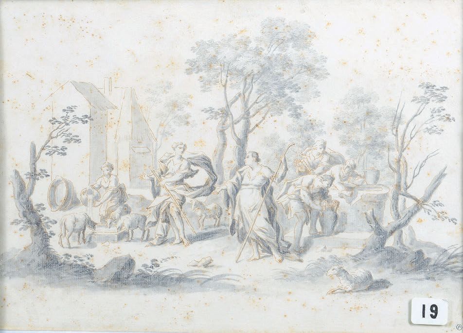 Attribué à Cornelis PRONCK (1691-1759) 在喷泉边的停顿
钢笔和棕色墨水，灰色水洗。
21 x 29 厘米