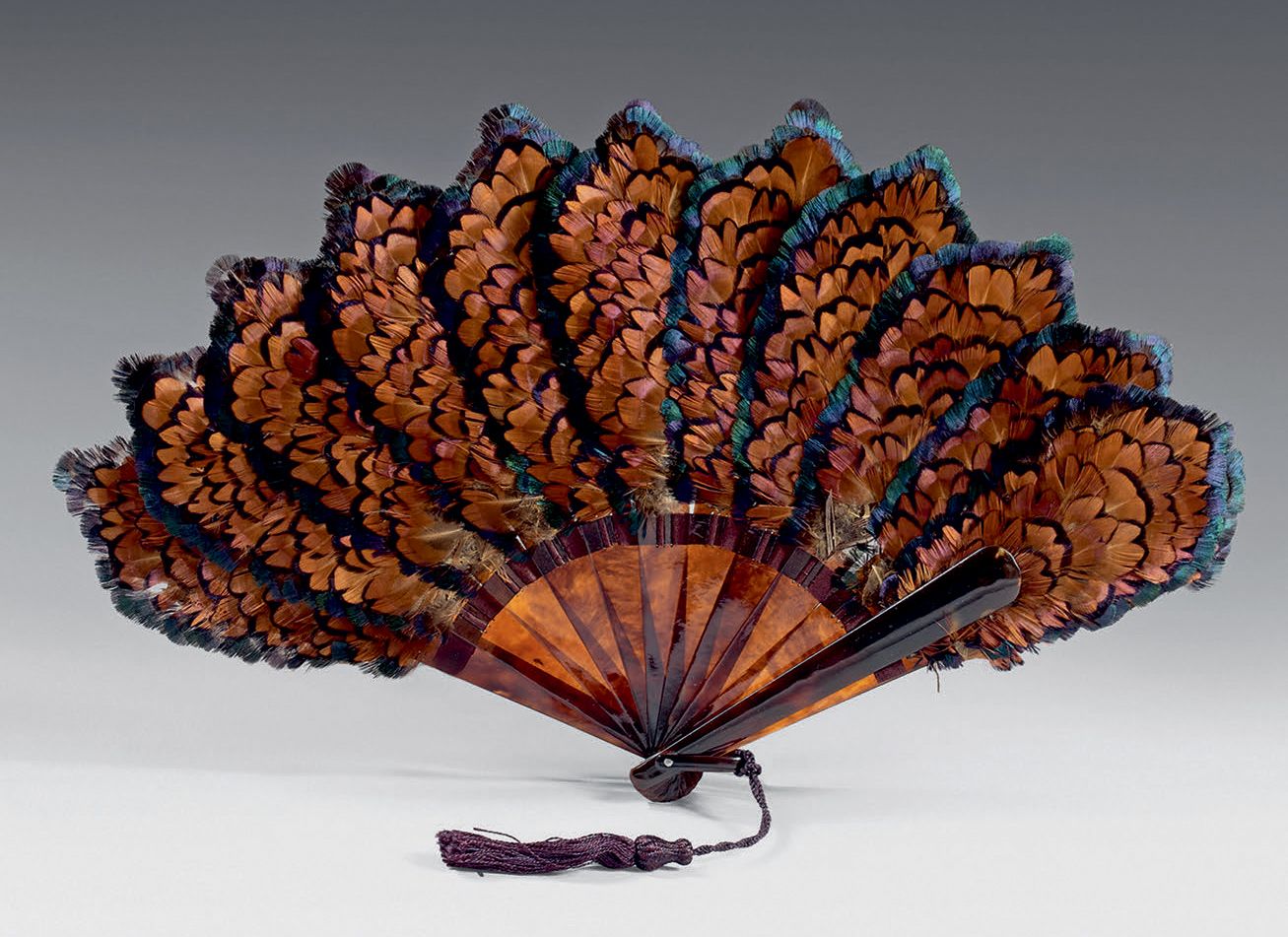 Null 由野鸡和孔雀羽毛制成的小扇子，大约在1900年。框架是由合成材料制成的，模仿棕色玳瑁。支架（状况良好）。
高：19厘米