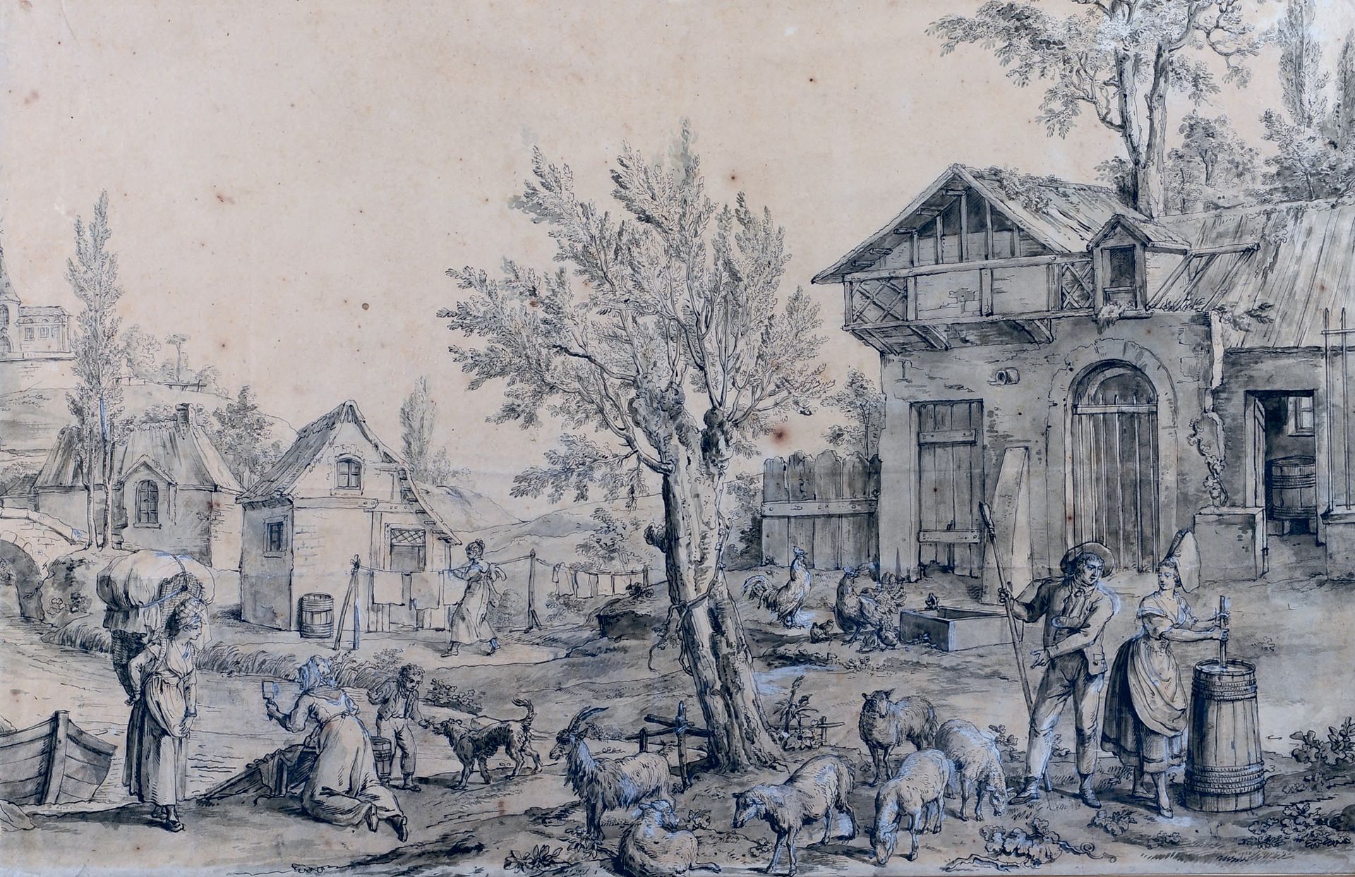 Attribué à Jan GAREMYN (1712-1799) 乡村风景
钢笔和黑墨水，灰色水洗。
54 x 83 cm