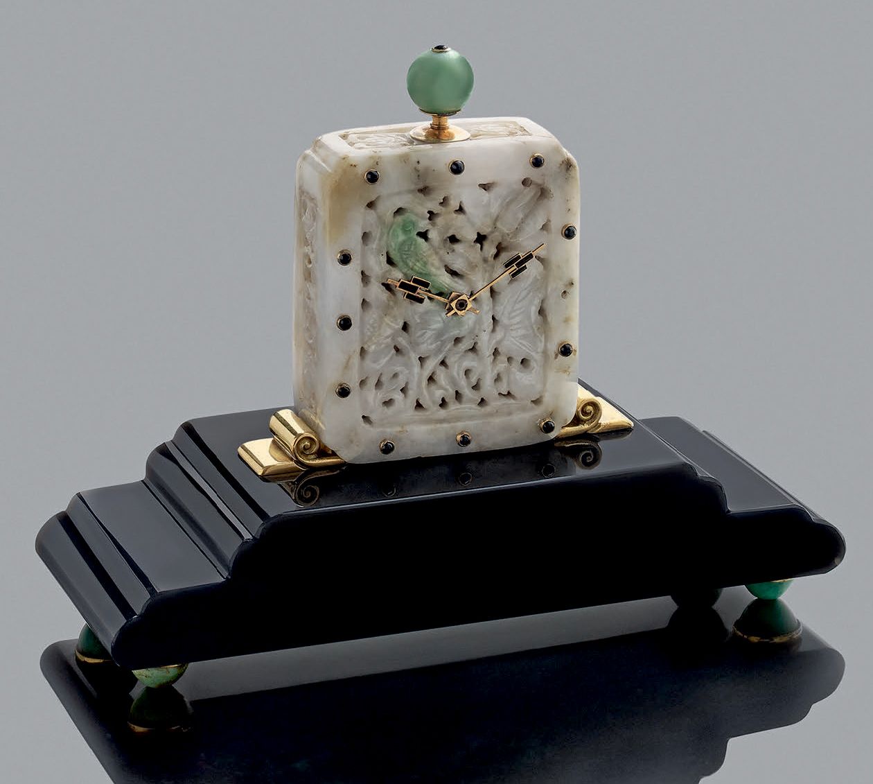 Null Tisch-Pendulette aus Jade-Jade und 750er Gold, rechteckige Form, vollständi&hellip;