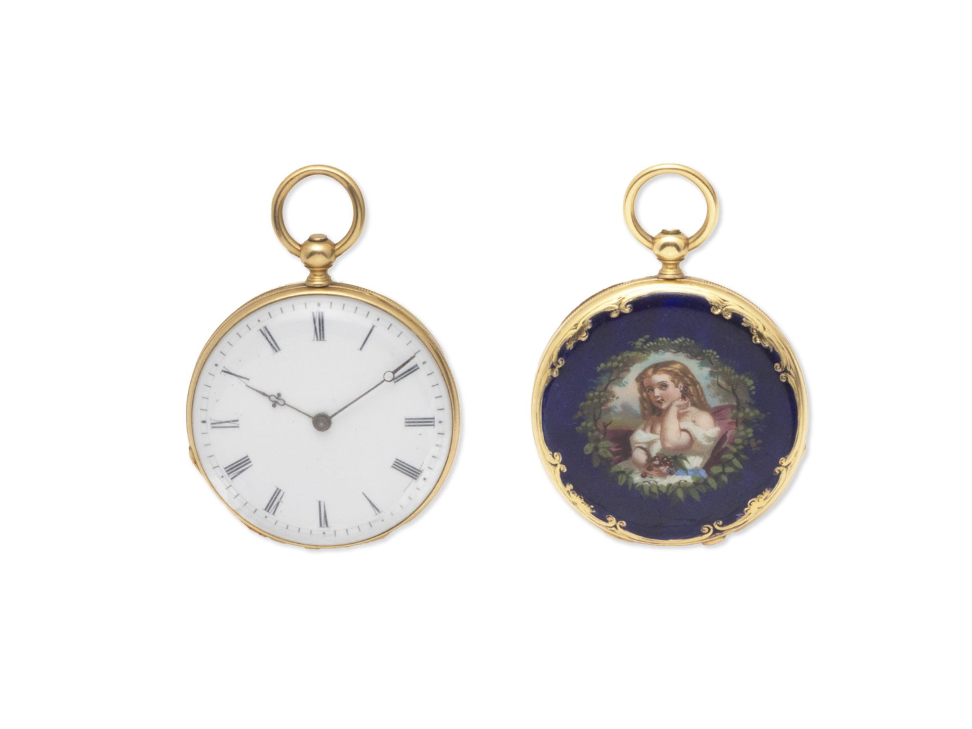 Null Small pocket watch in 750 thousandths gold, white enamel dial with painted &hellip;
