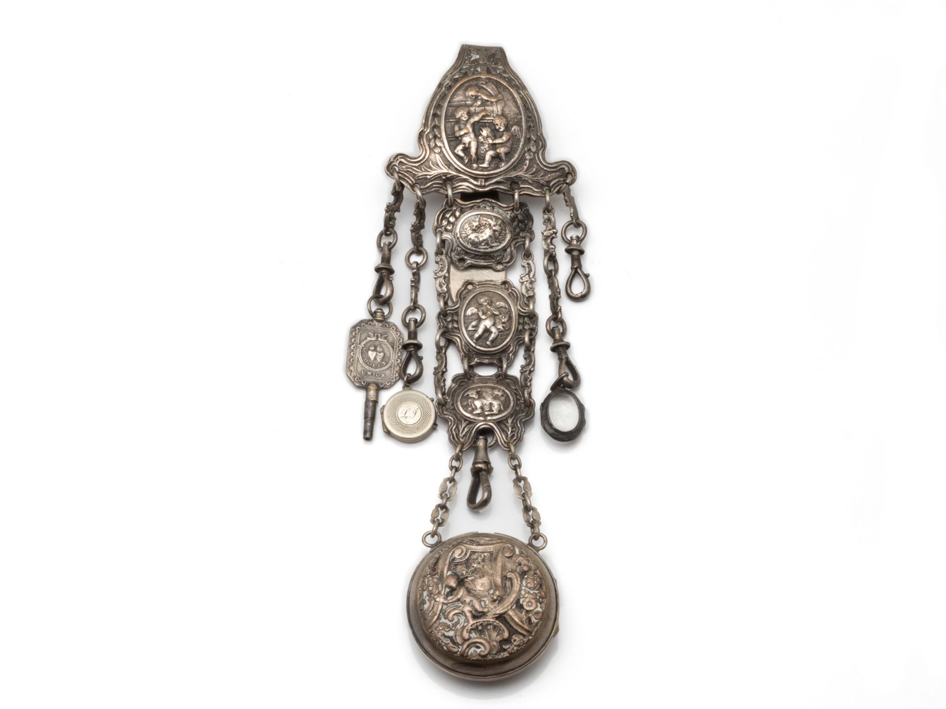 Null Chased silver metal chatelaine hook, decorated with cherubs and pastoral sc&hellip;
