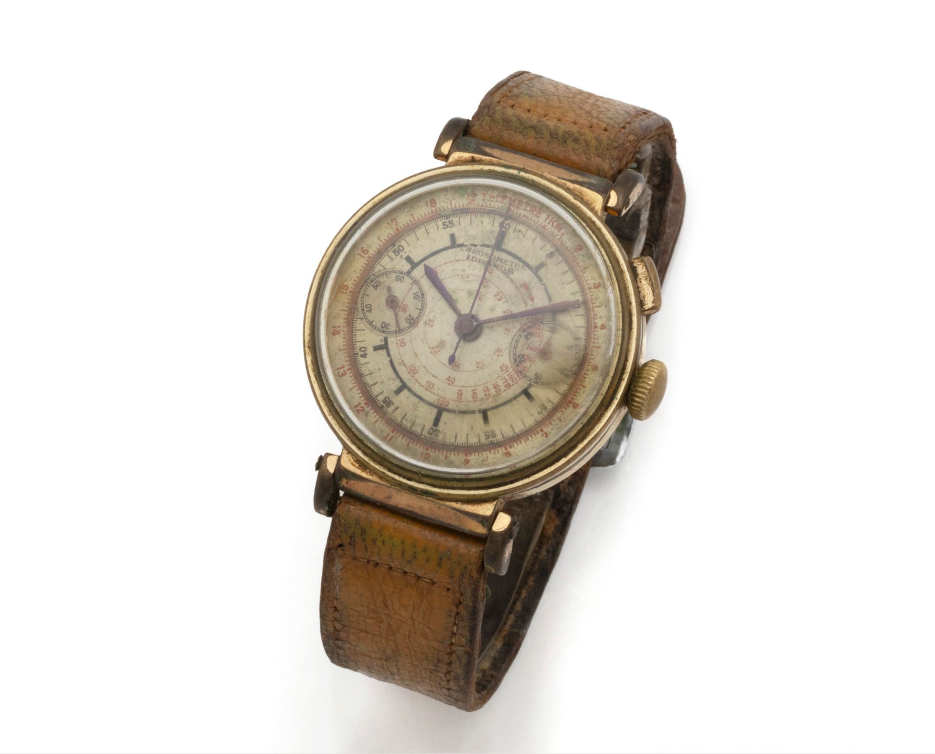 Null Montre chronographe monopoussoir en métal doré, boîtier de forme ronde, cad&hellip;