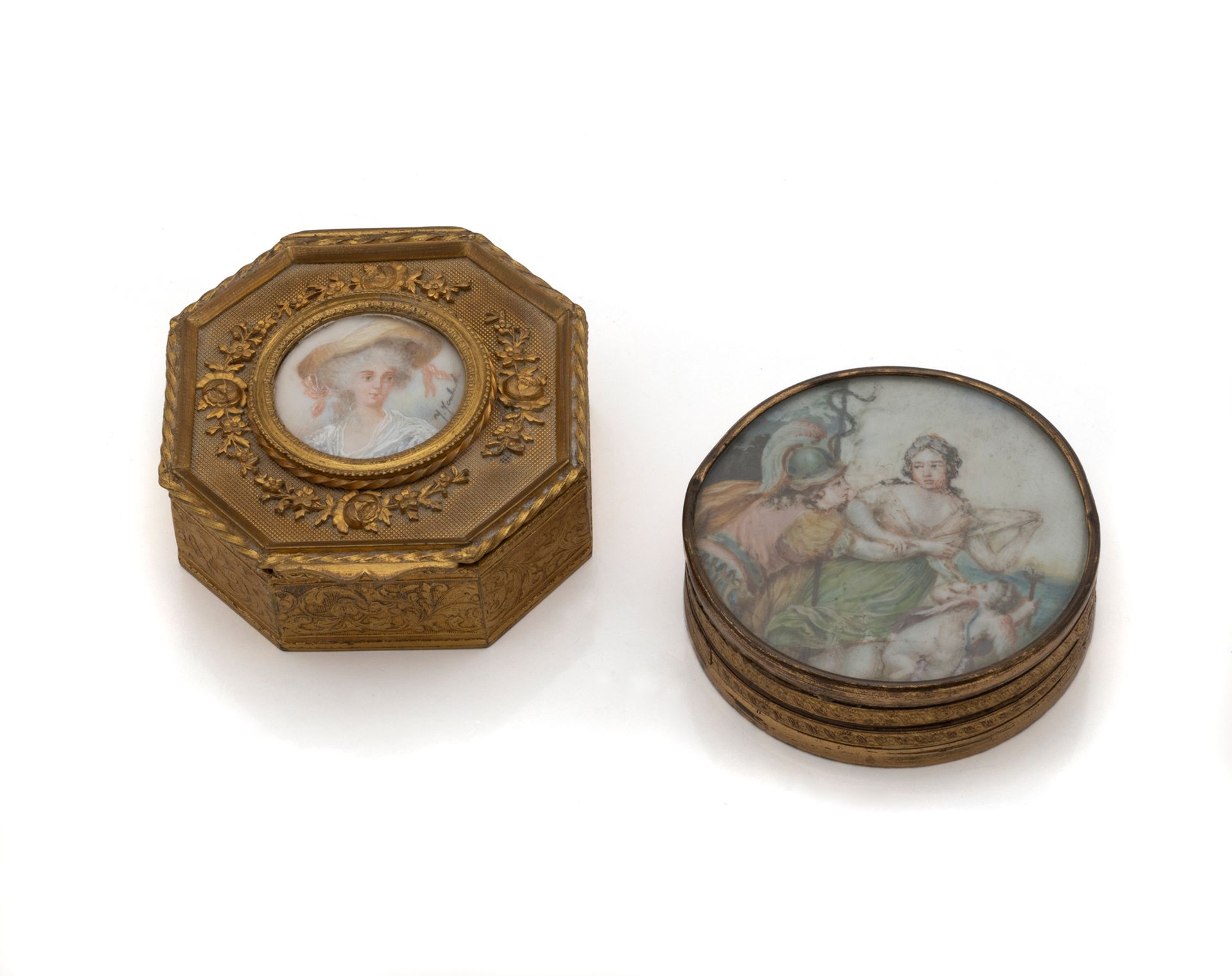 Null Set of 2 boxes, one in round pomponne decorated on the lid with a polychrom&hellip;