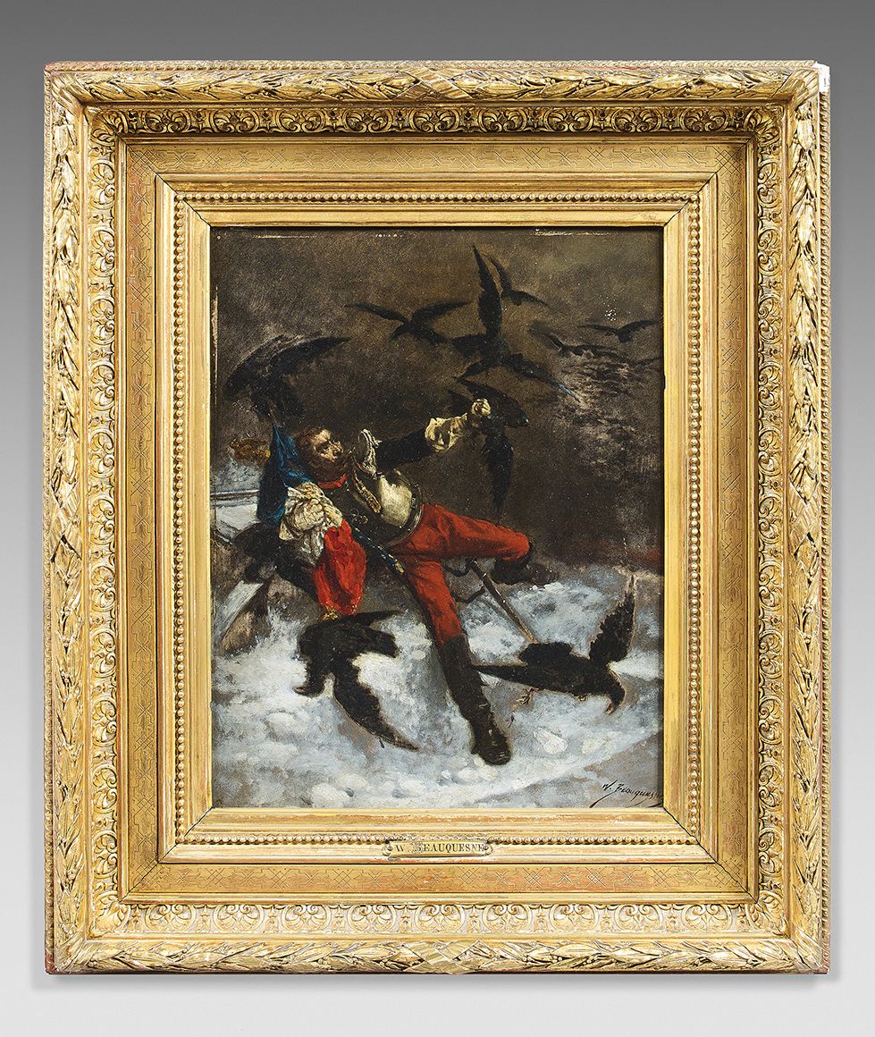 Beauquesne Wilfrid (1840/1913) 画板油画，左下方签名："W.Beauquesne"：受伤的骑兵保护着他的旗帜，受到乌鸦的攻击，乌鸦&hellip;