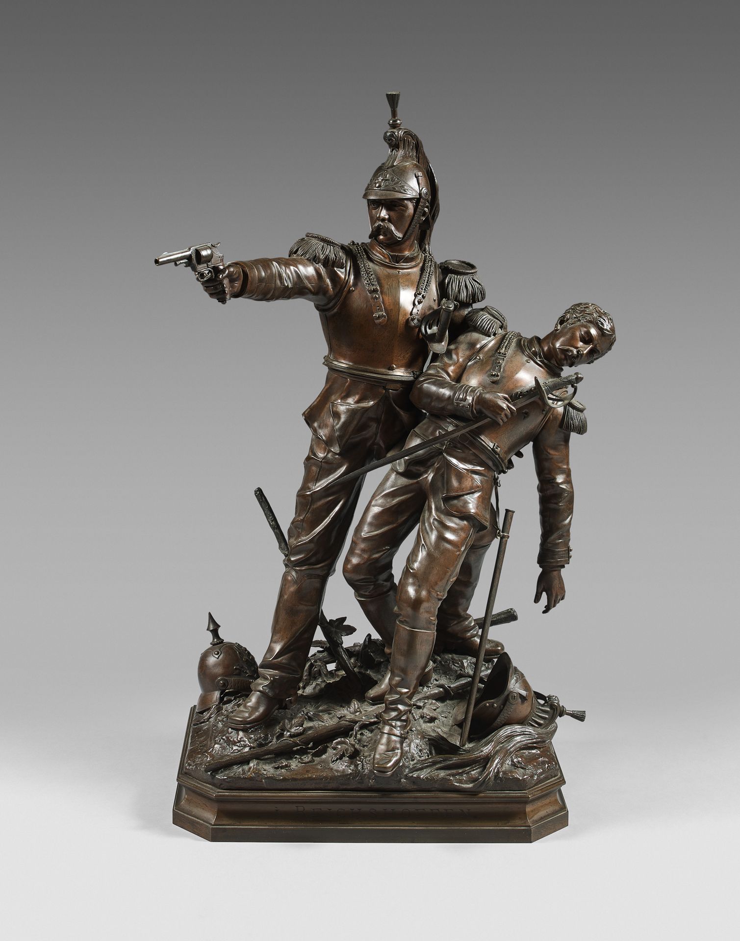 C. Anfrie (Charles, 1833/1905), d'après 带棕色铜锈的青铜器：莱希霍芬战役中的战斗场景，一名步兵正在保护另一名受伤的步兵；&hellip;