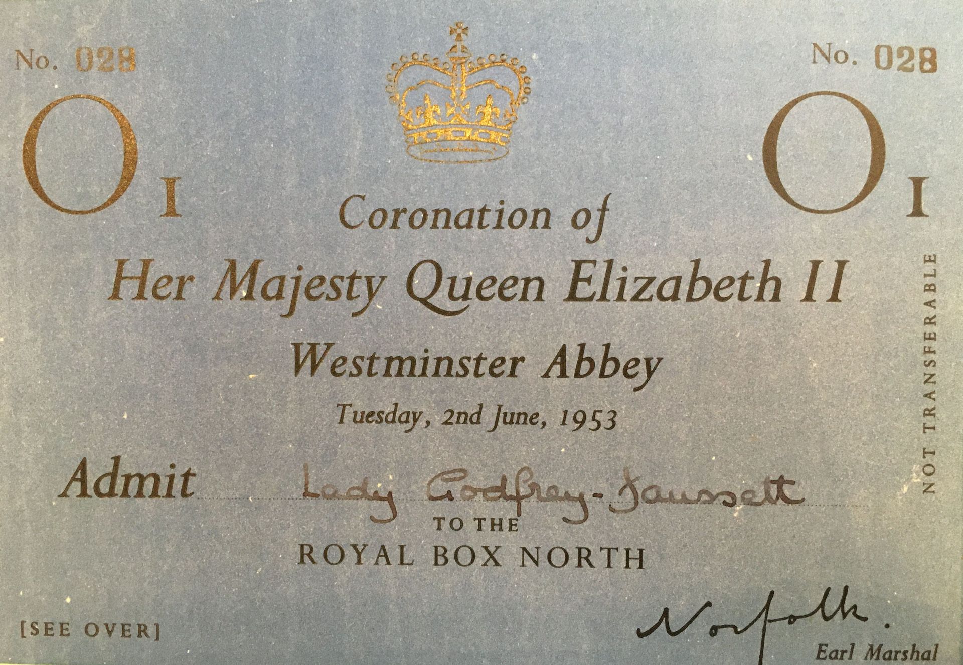 Null Krönung von Elizabeth II., 2. Juni 1953. - Lot von 2 Eintrittskarten für ei&hellip;