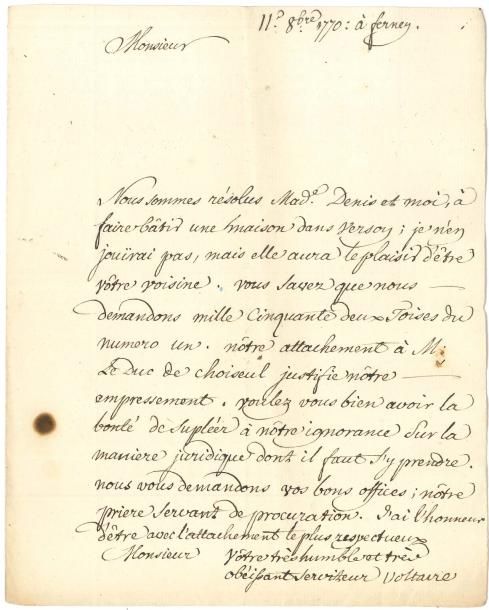 VOLTAIRE (1694-1778) 3 L.S. «Voltaire», Ferney septembre-décembre 1770, au cheva&hellip;