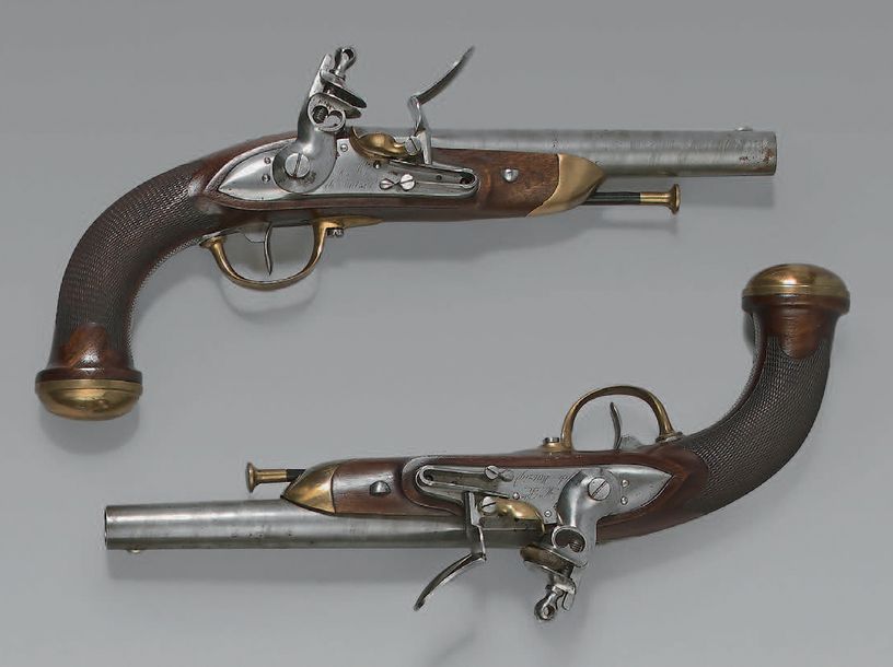 Null Paire de pistolets d'officier modèle 1816, canons en damas gris à ruban, po&hellip;