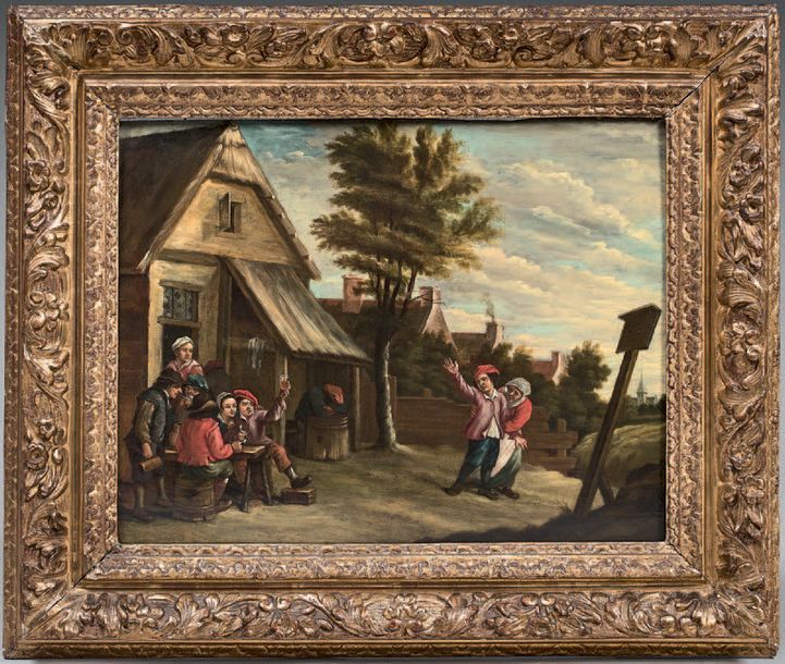 Ecole FRANCAISE vers 1800, dans le goût de David TENIERS Le départ de l'auberge
&hellip;