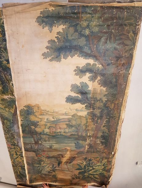 Null «Verdures à l'échassier», deux toiles peintes pour tapisserie, fin du XIXe &hellip;